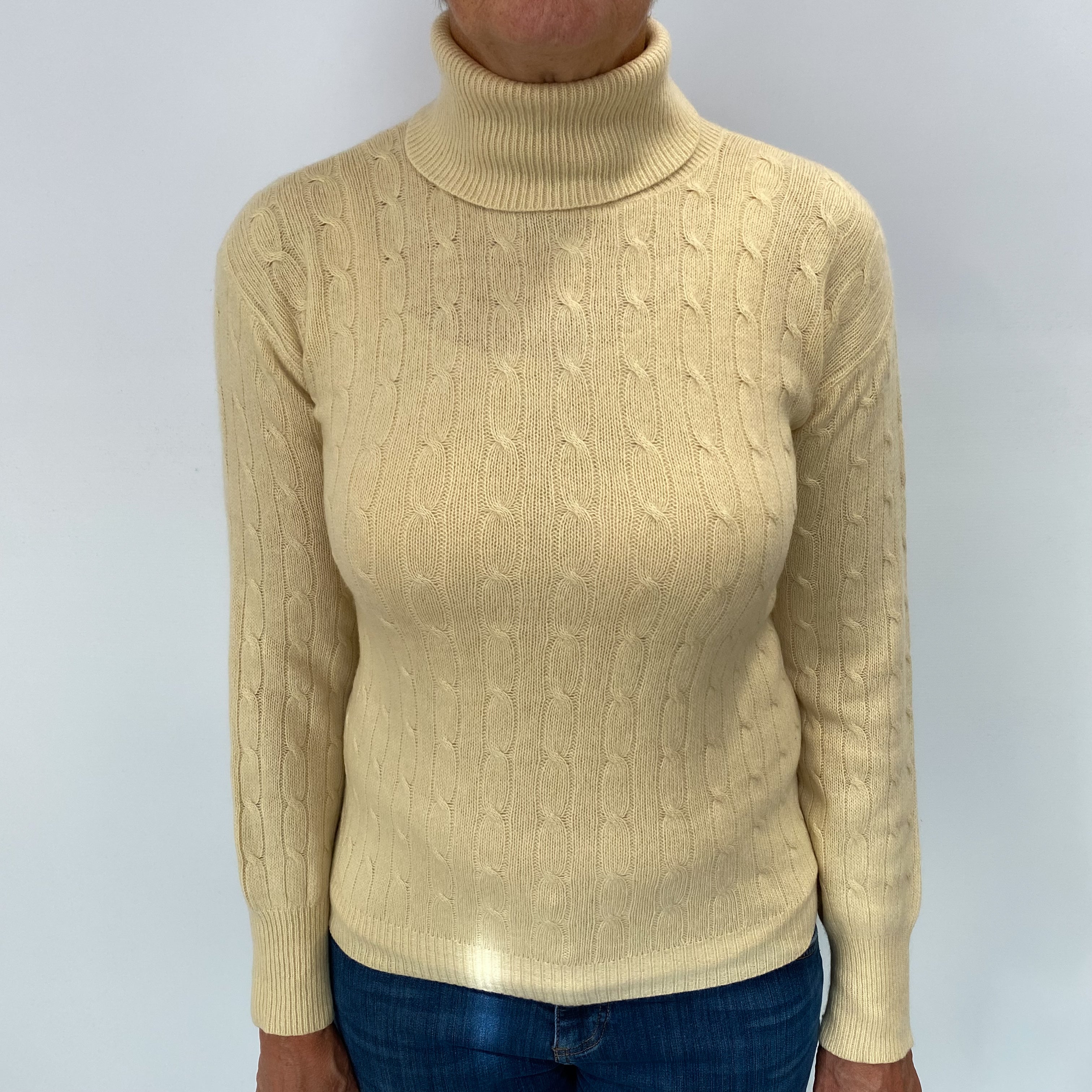 Clotted Cream Cashmere Polo Neck Cable Knit Jumper Medium