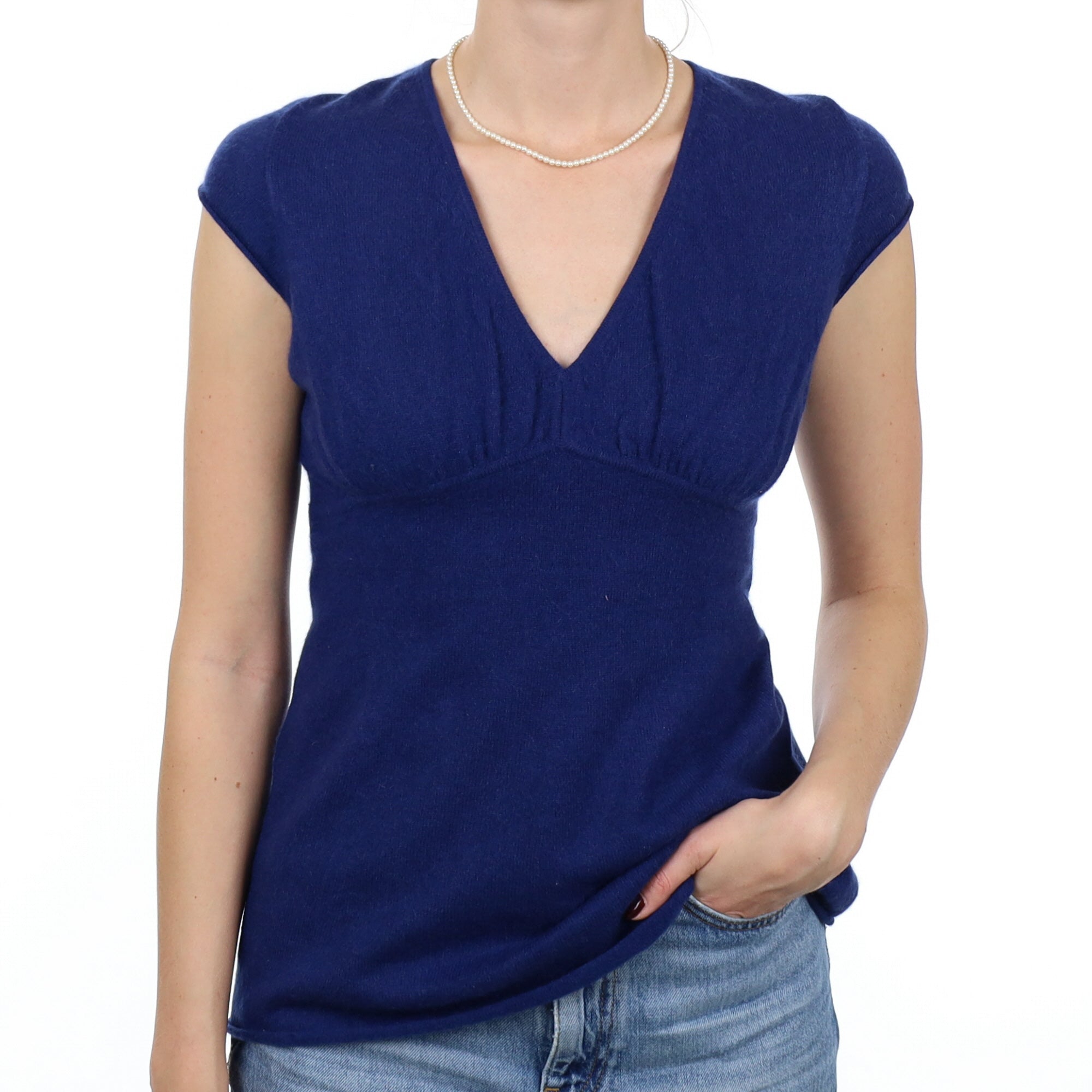 French Navy Cashmere Capped Sleeve V Neck Tunic Small