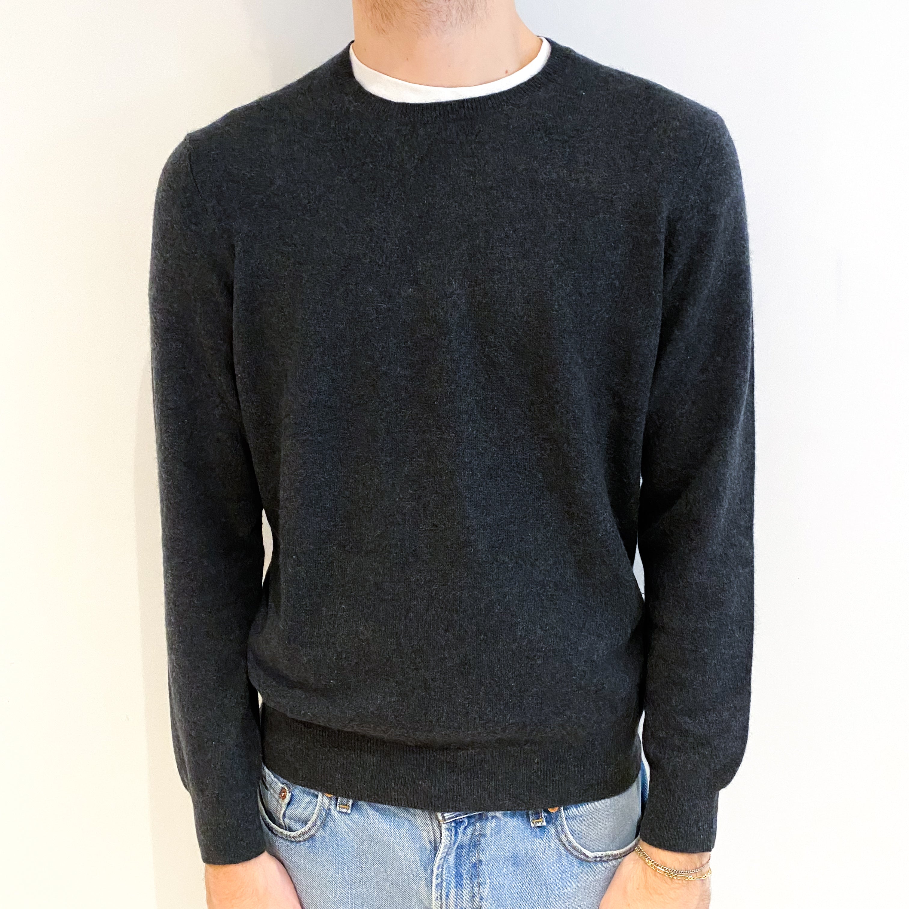 Men's Charcoal Grey Cashmere Crew Neck Jumper Large