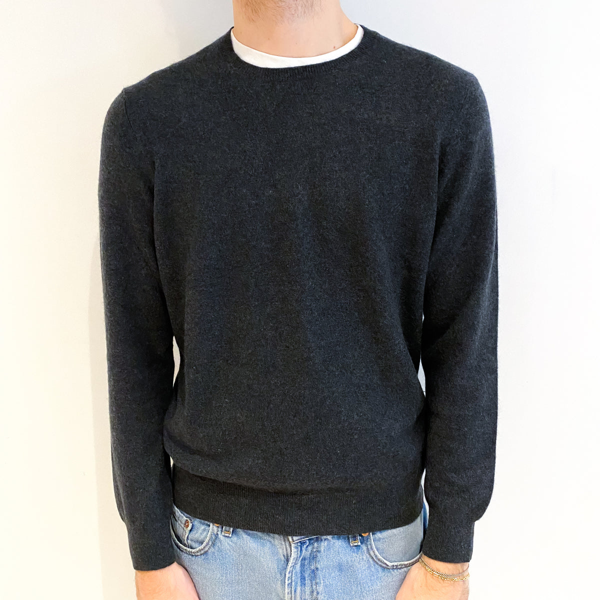 Men's Charcoal Grey Cashmere Crew Neck Jumper Large