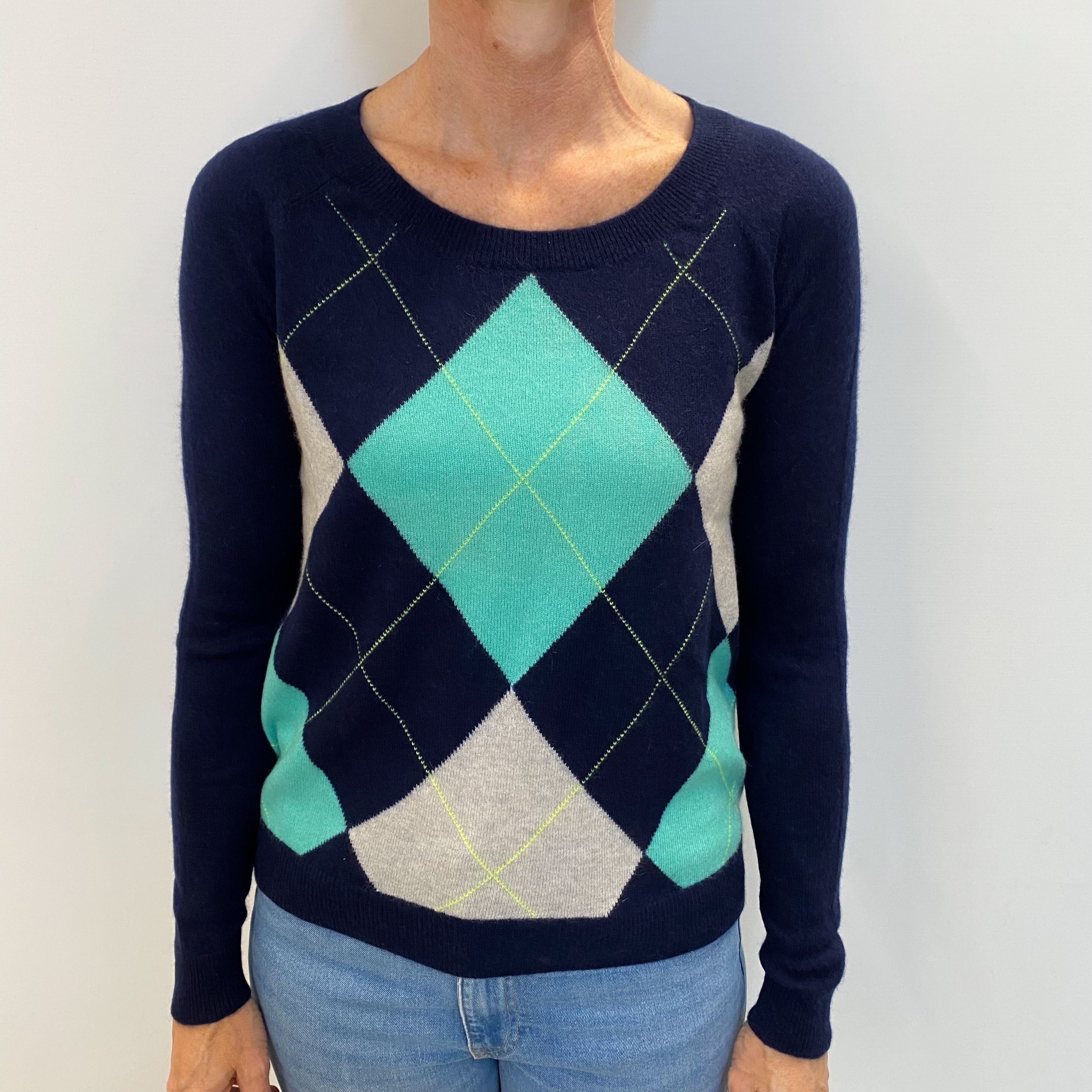 Smoke Grey Argyle Cashmere Scoop Neck Jumper Small