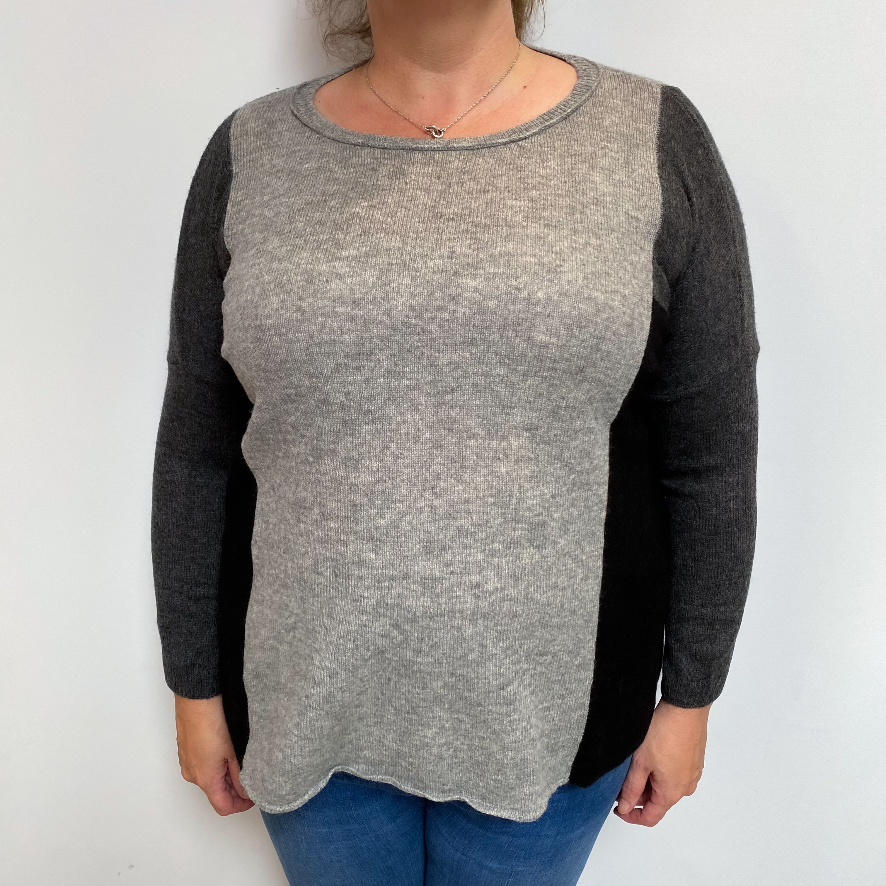 Grey Black Colour Block Cashmere Crew Neck Jumper Extra Large