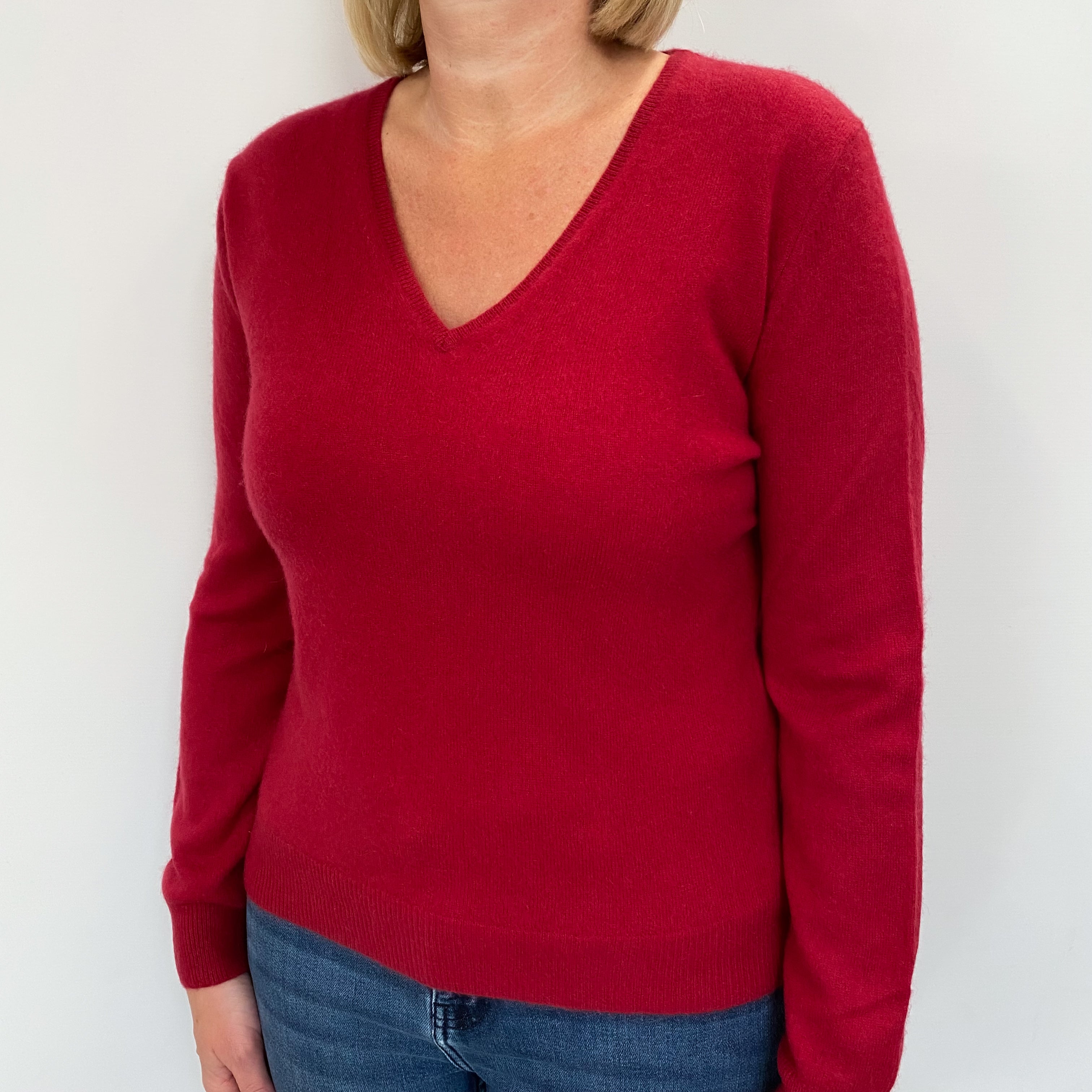 Crimson Red Cashmere V Neck Jumper Large