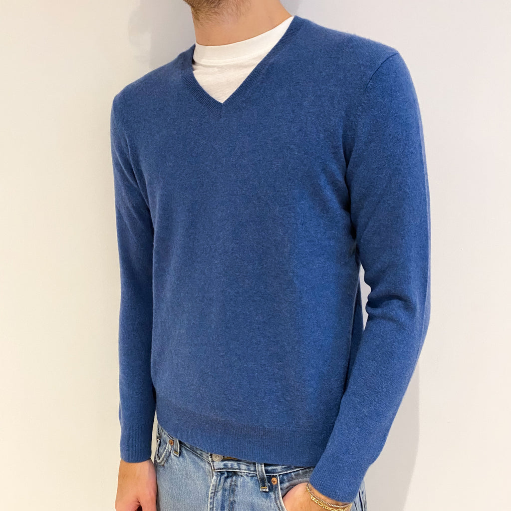 Men's Denim Blue Cashmere V Neck Jumper Medium
