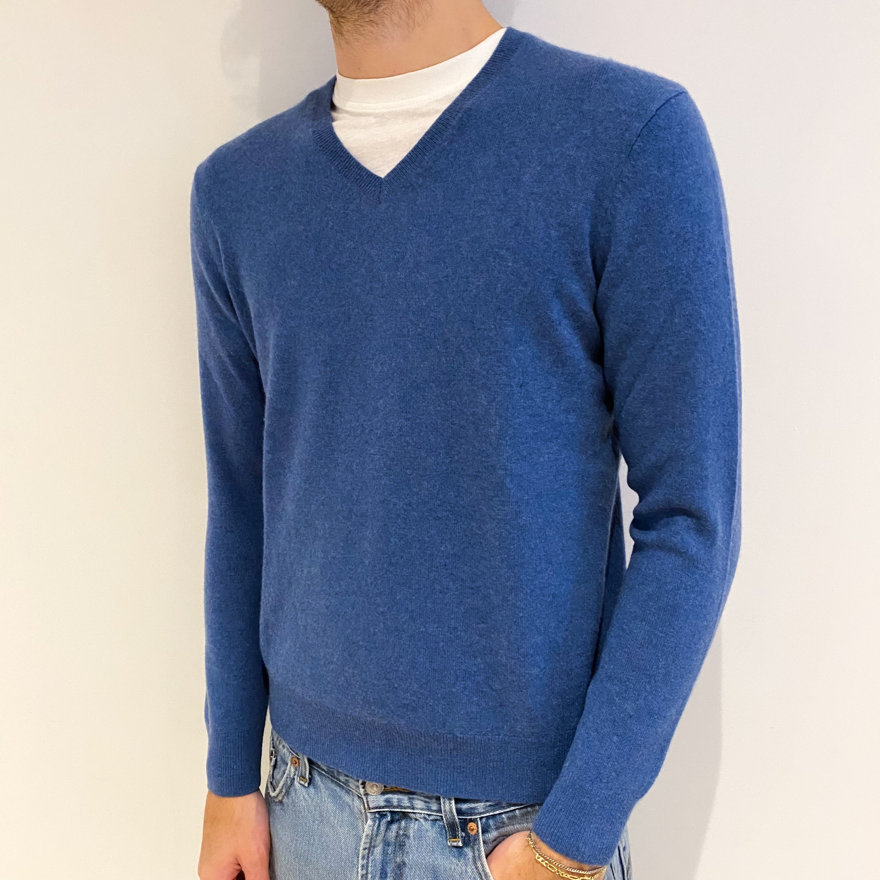 Men's Denim Blue Cashmere V Neck Jumper Medium