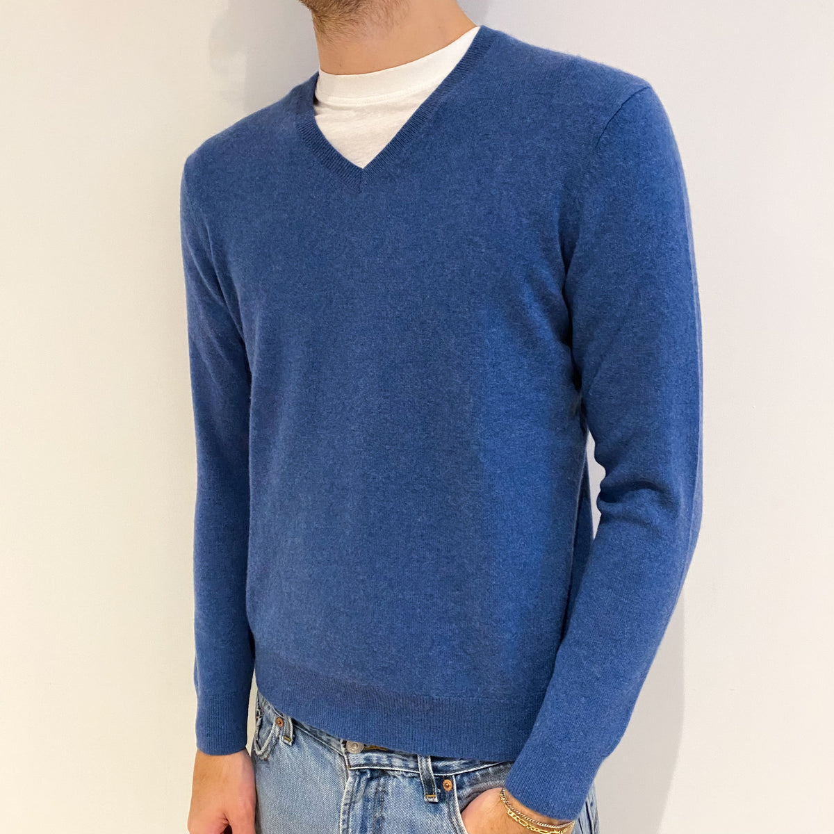 Men's Denim Blue Cashmere V Neck Jumper Medium