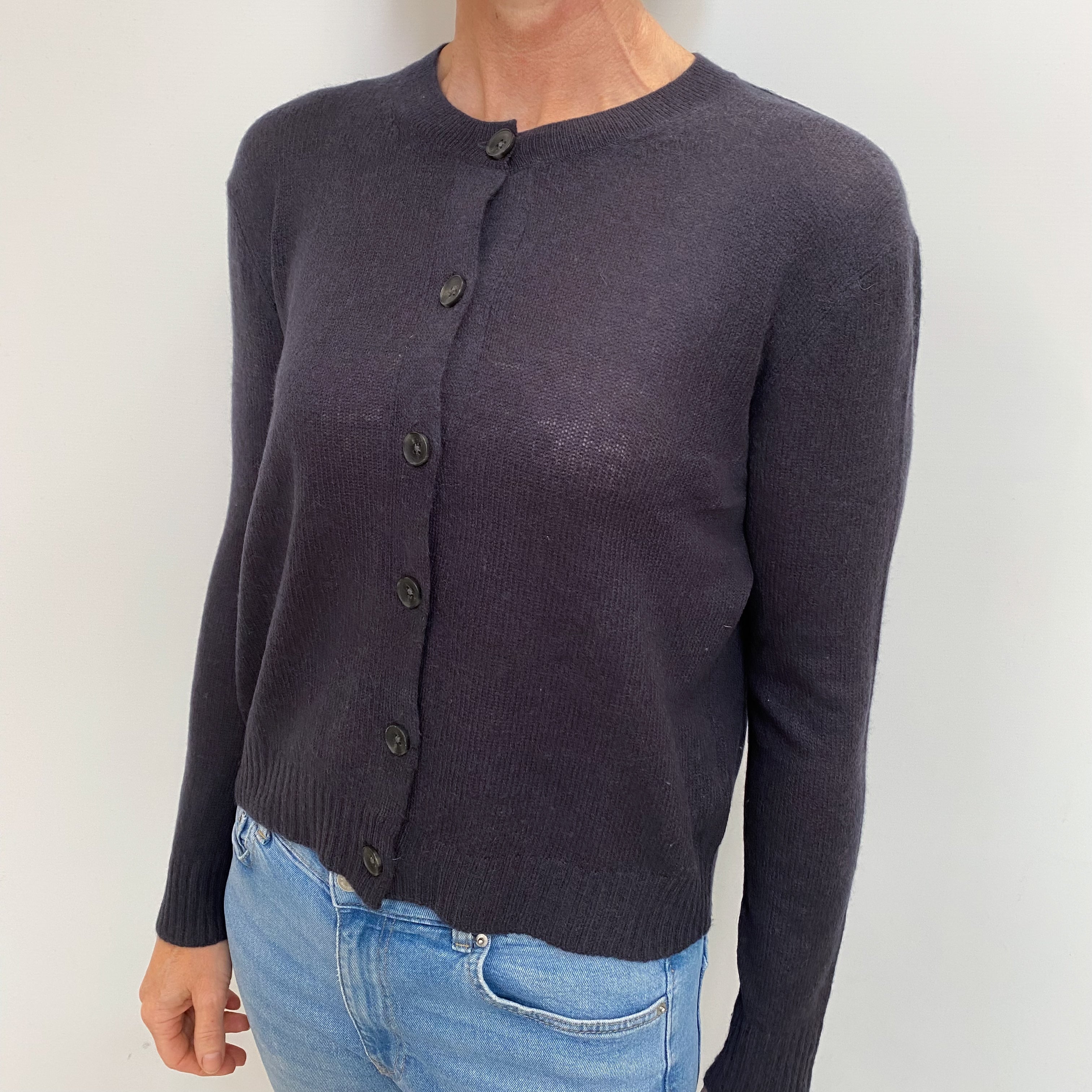 French Navy Blue Cashmere Crew Neck Cardigan Small