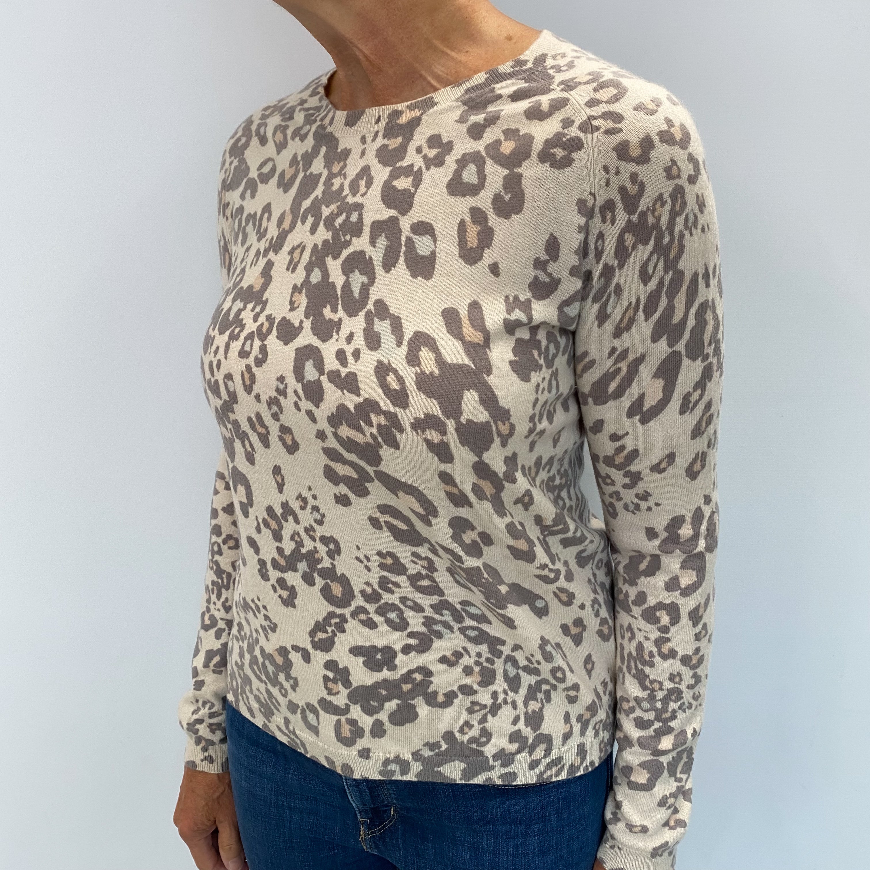 Oatmeal Beige Animal Print Cashmere Crew Neck Jumper Medium