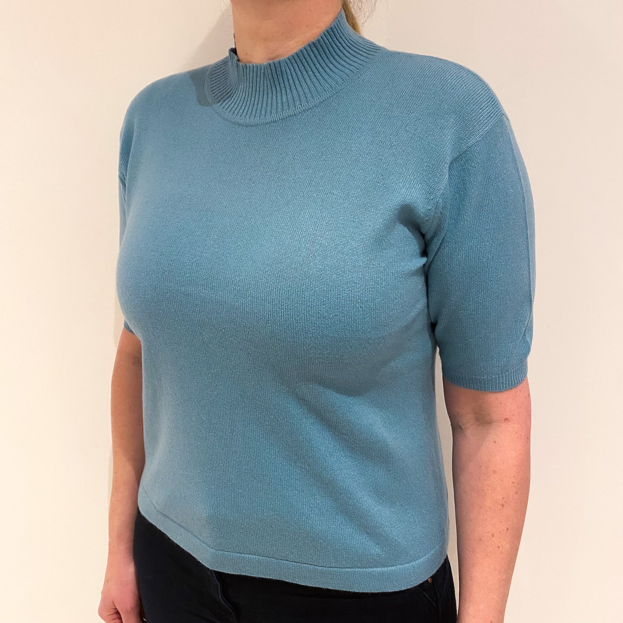 Sea Green Cashmere Short Sleeved Turtle Neck Jumper Large