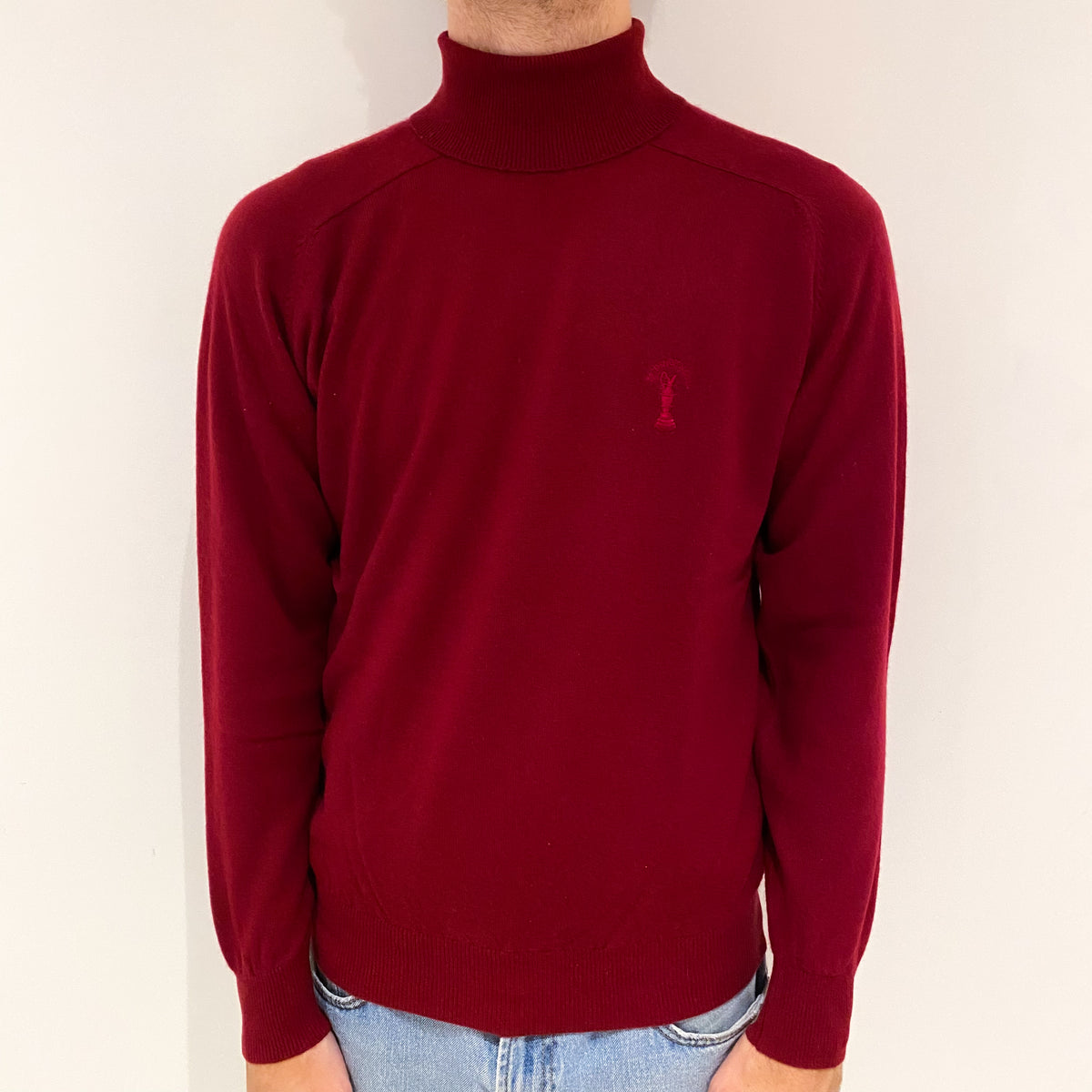 Men's Burgundy Red Cashmere Polo Neck Jumper Large