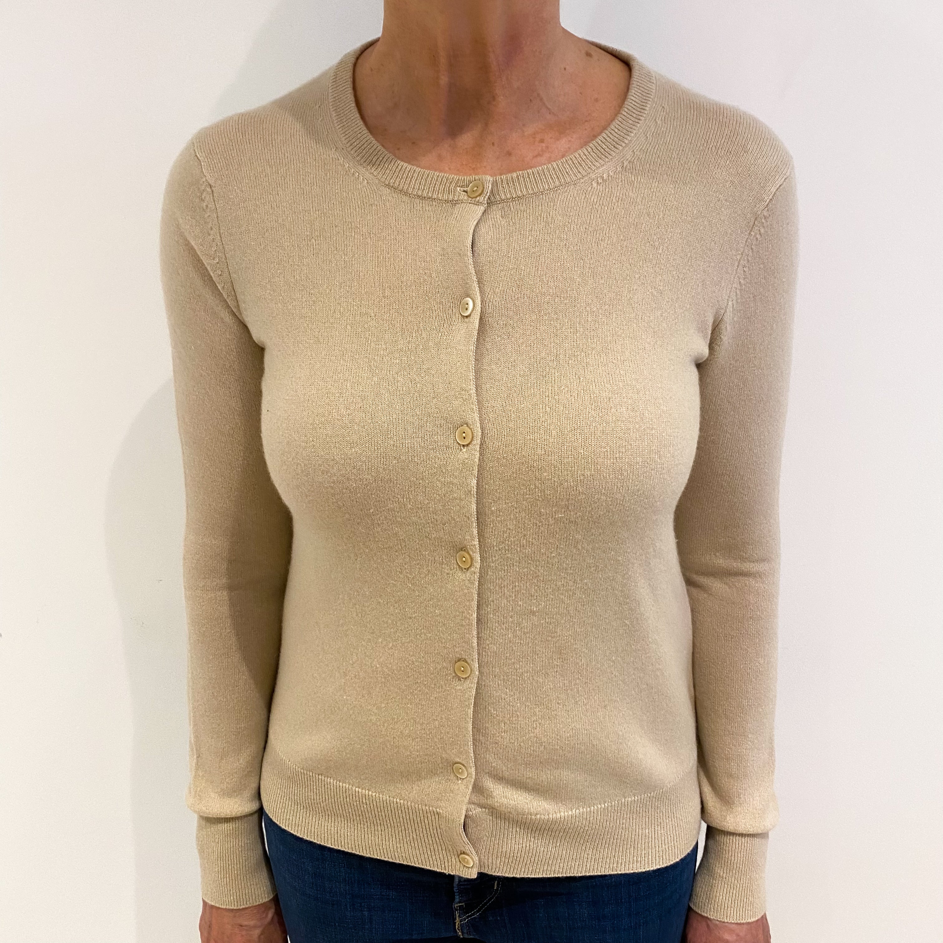Sand Beige Cashmere Crew Neck Cardigan Medium