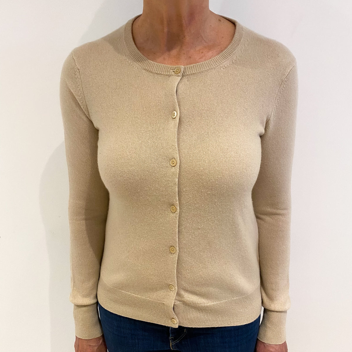 Sand Beige Cashmere Crew Neck Cardigan Medium