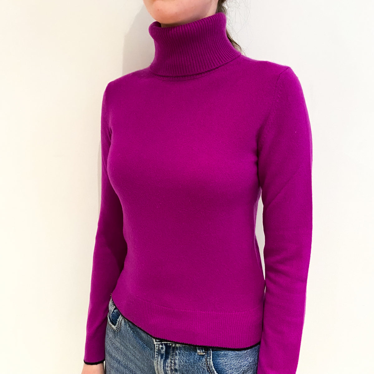 Magenta Pink Black Trim Cashmere Polo Neck Jumper Extra Small