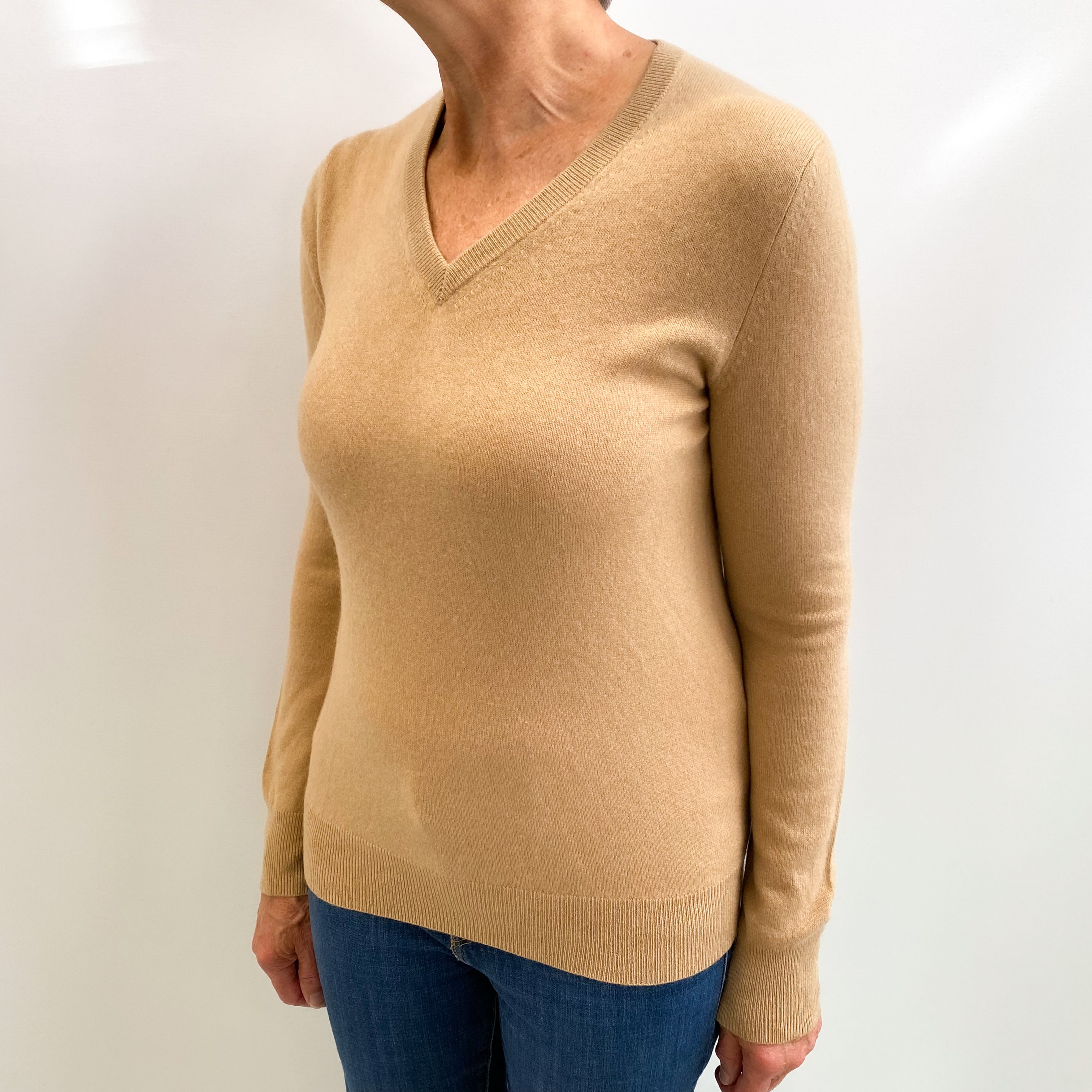 Caramel Brown Cashmere V Neck Jumper Medium