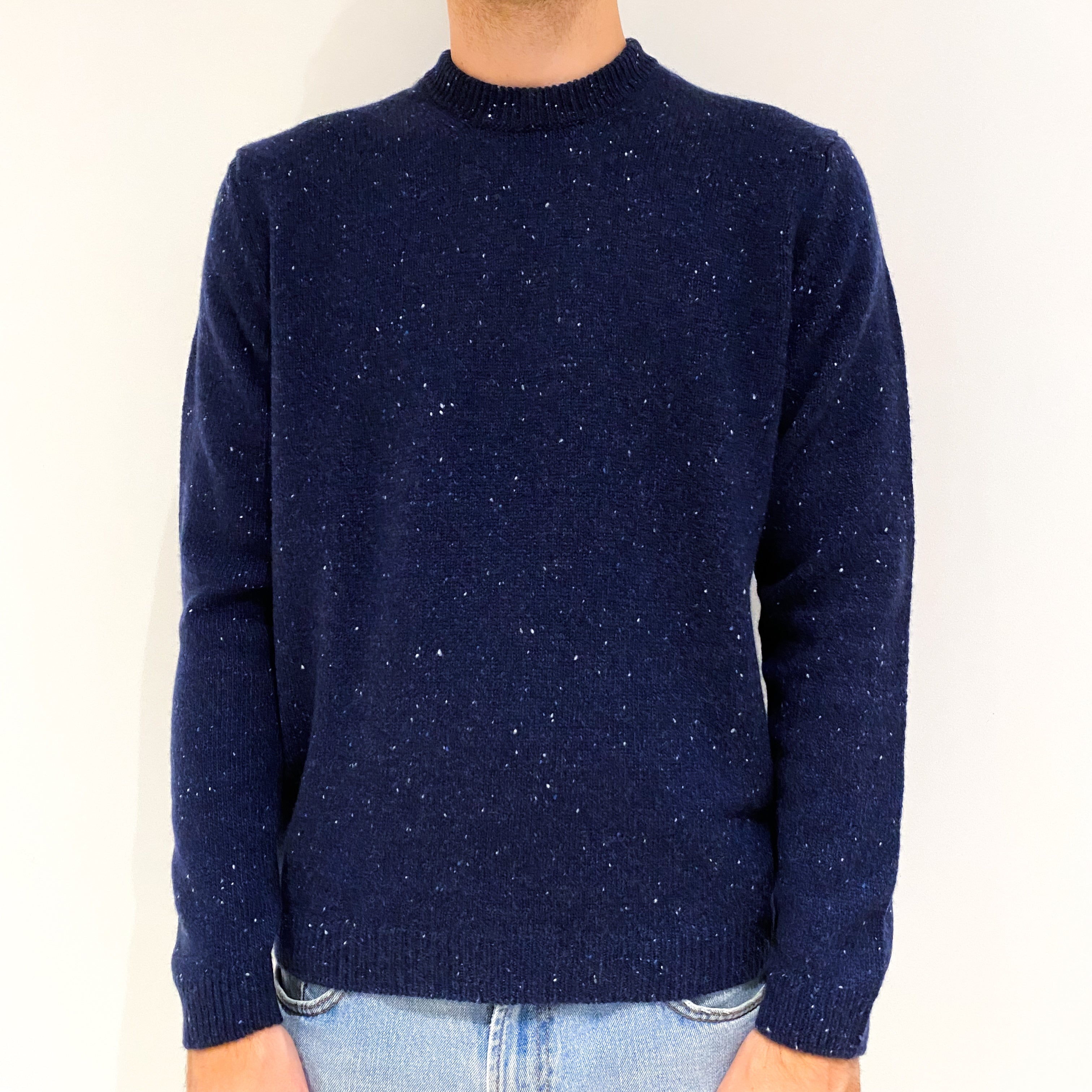 Men's New Scottish Navy Donegal Cashmere Crew Neck Jumper Small