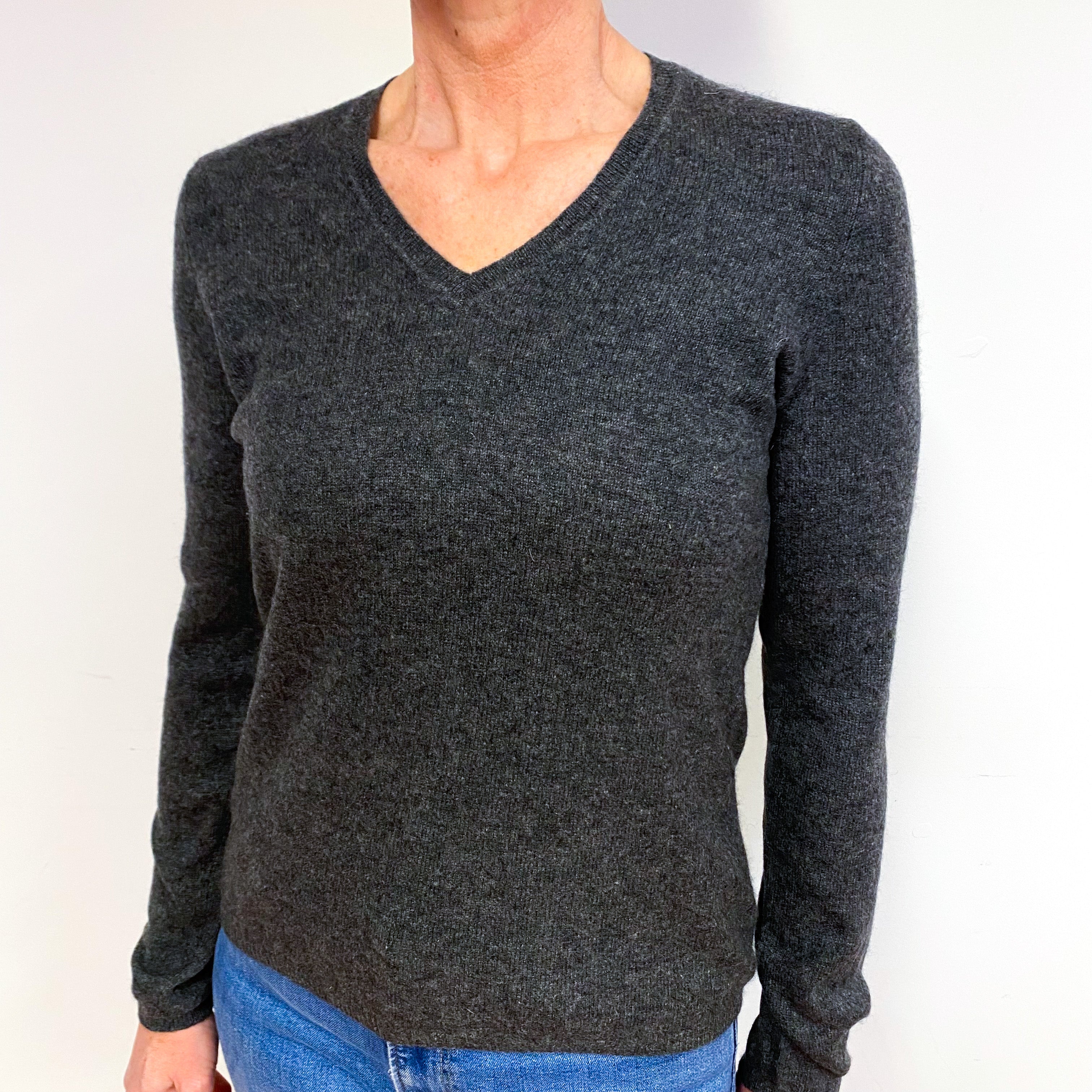 Slate Grey Cashmere V-Neck Jumper Medium