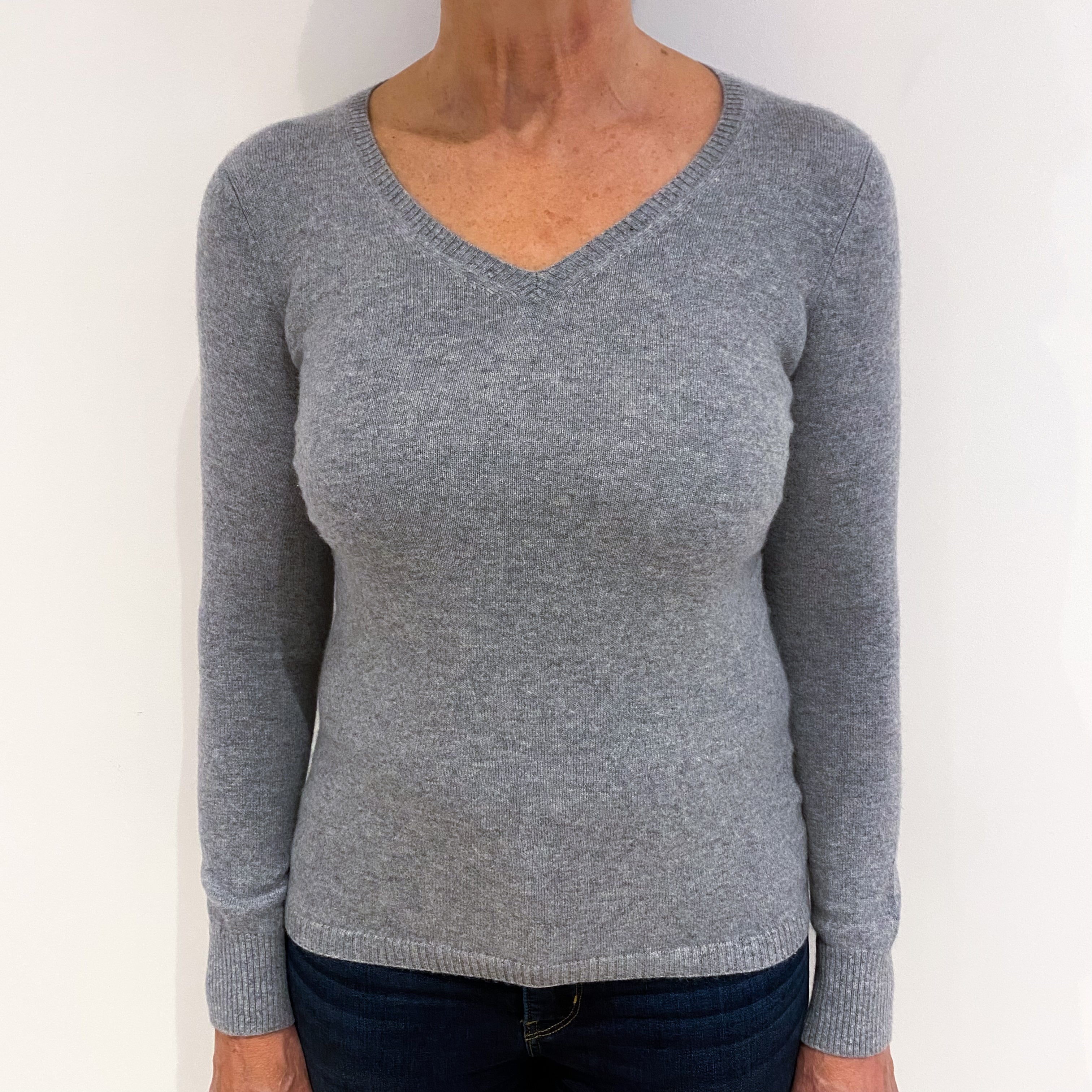 Smoke Grey Cashmere V Neck Jumper Medium