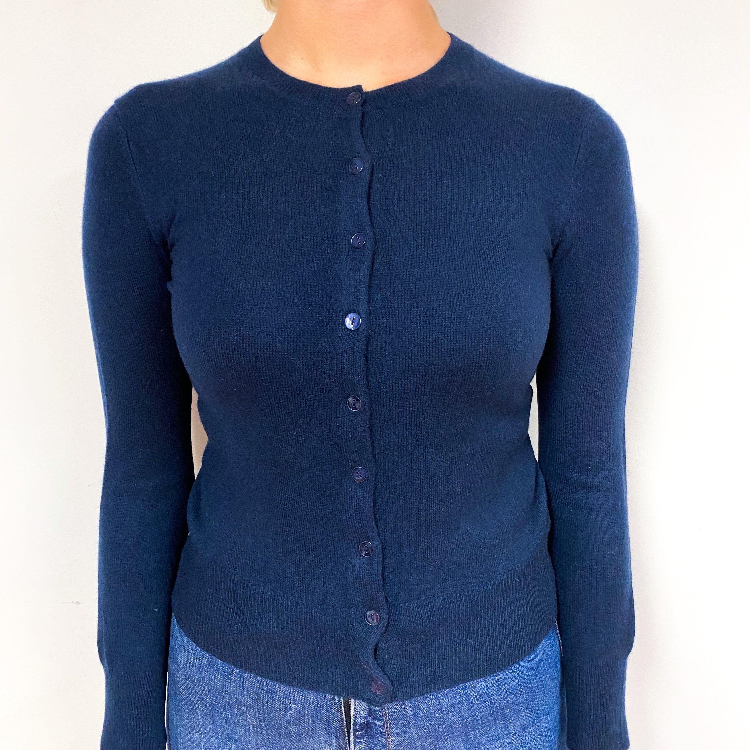 Navy Blue Cashmere Crew Neck Cardigan Small