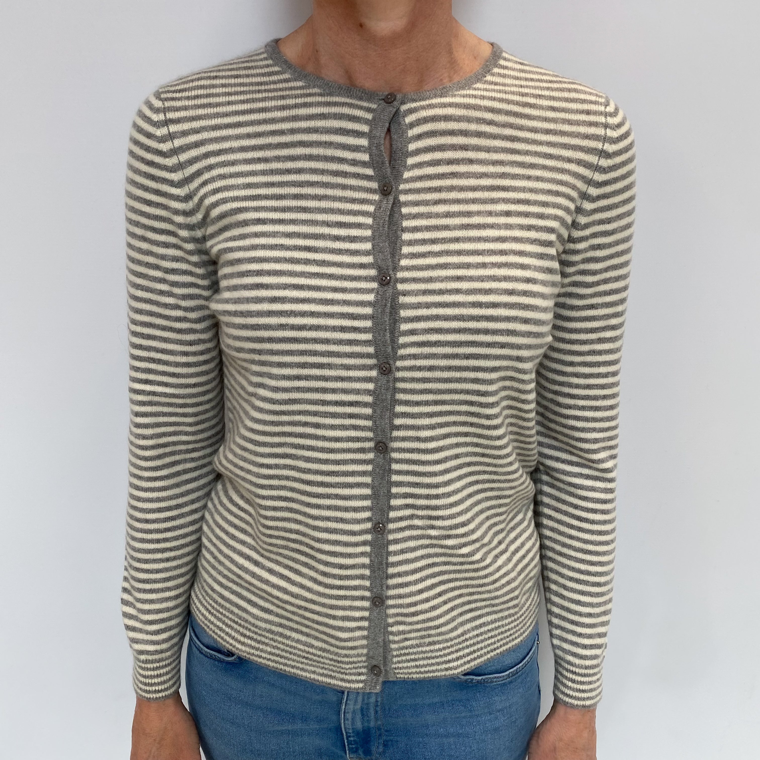 Ash Grey And Ivory Stripe Cashmere Crew Neck Cardigan Small