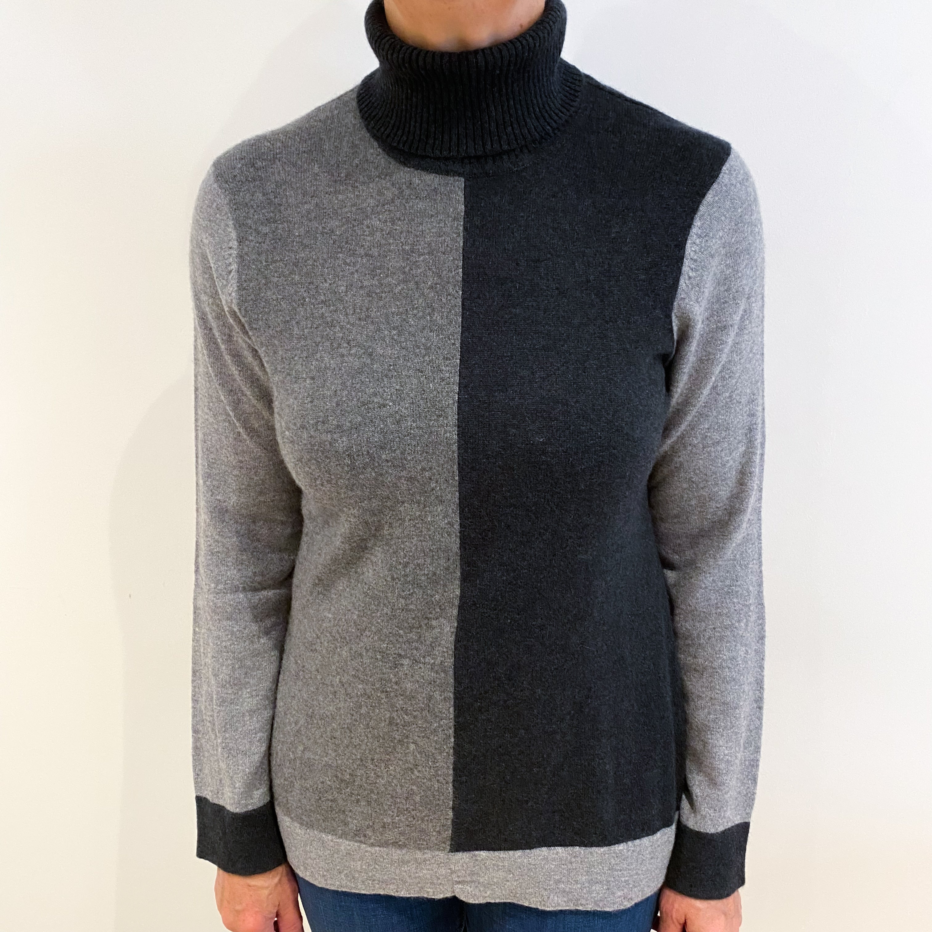 Grey Colour Block Cashmere Polo Neck Jumper Medium