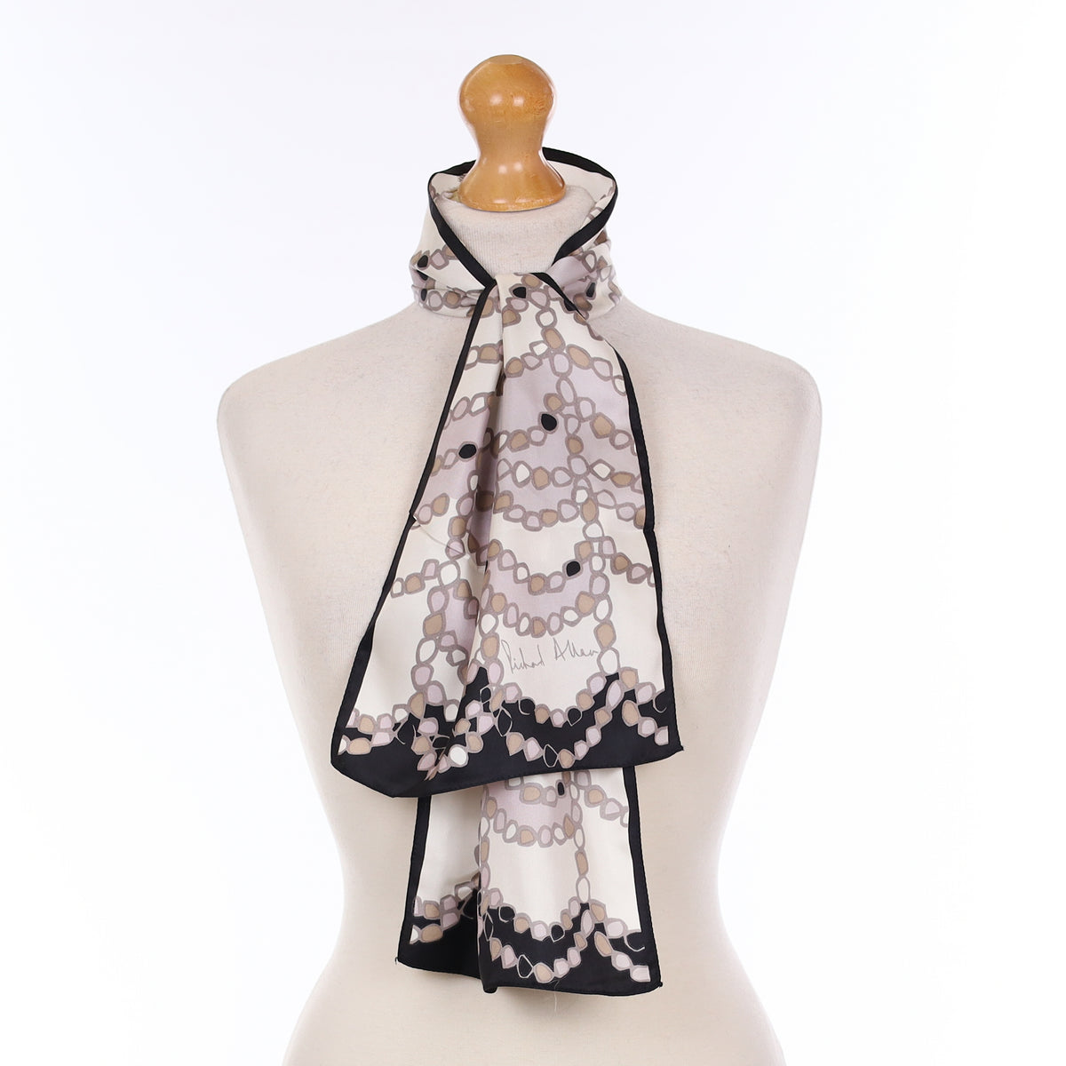 1970’s Richard Allan White and Grey Patterned Vintage Silk Scarf