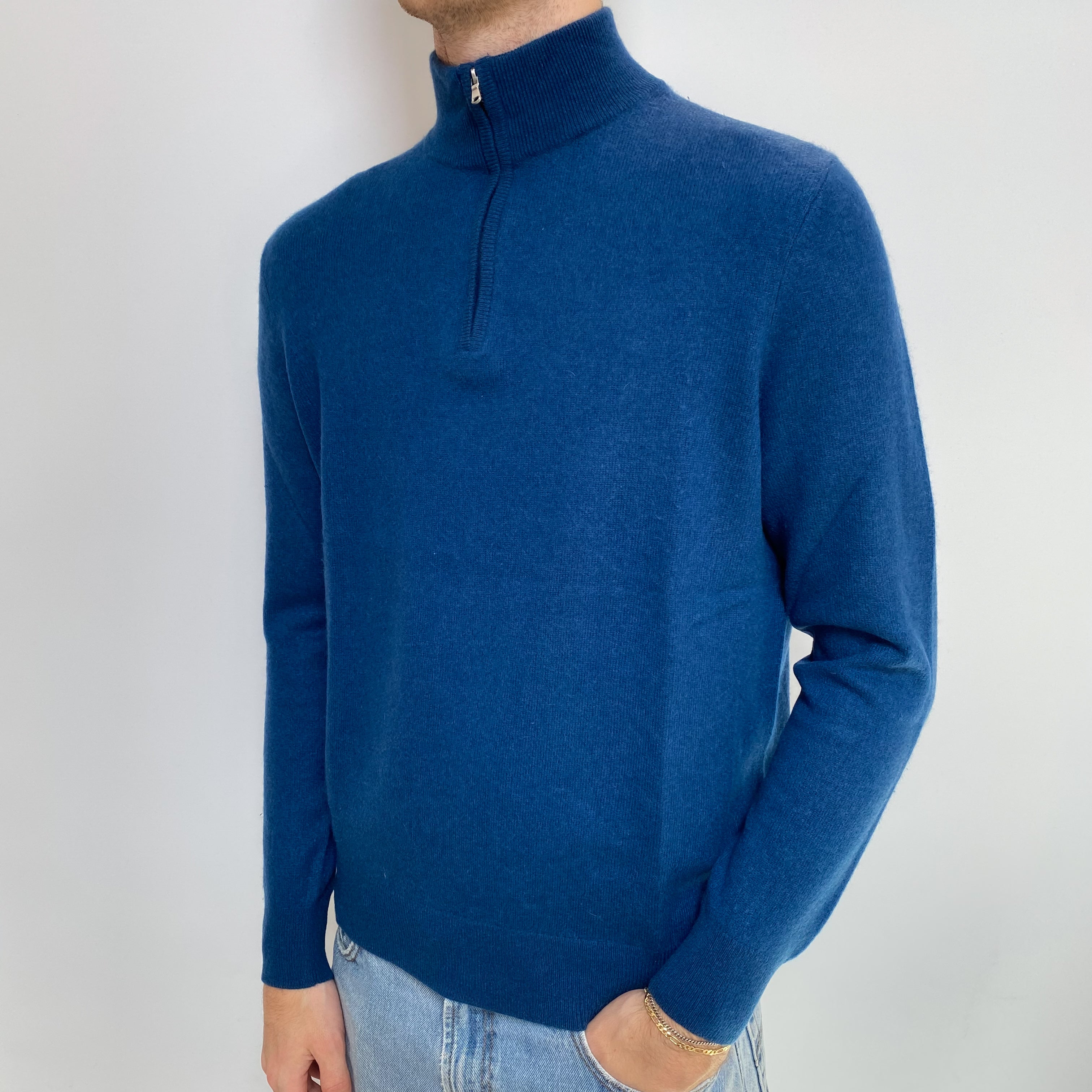 Men's Petrol Blue Cashmere 1/4 Zip Front Jumper Large
