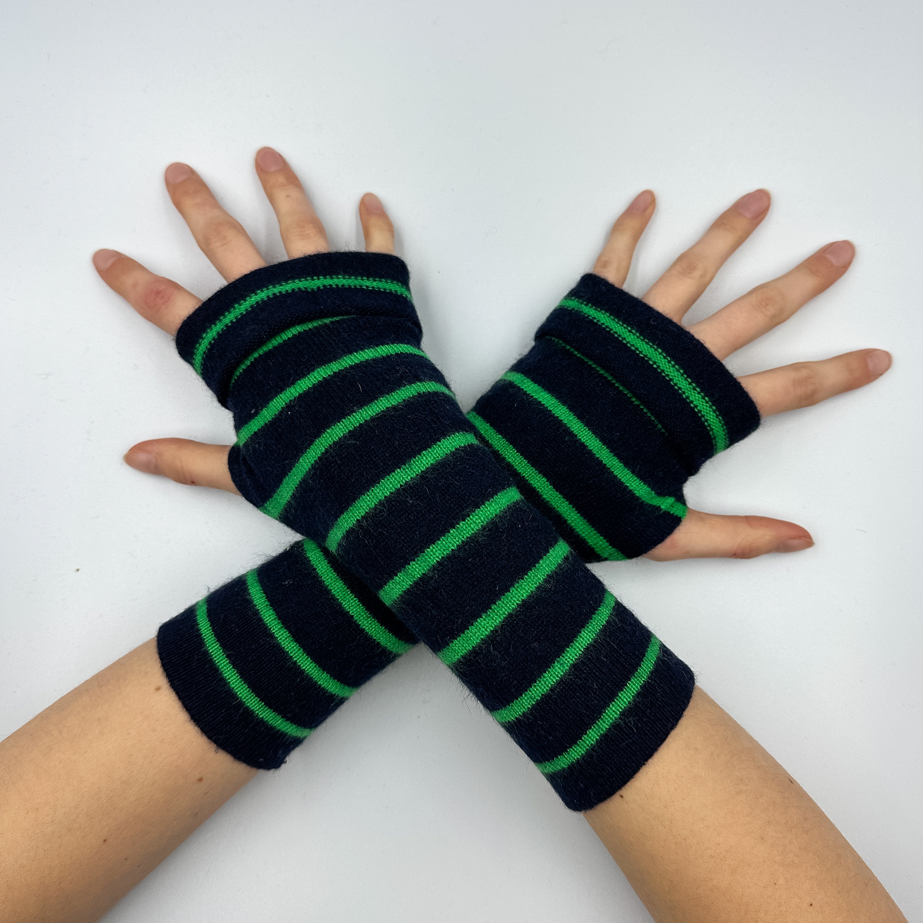 Navy Green Striped Fingerless Gloves