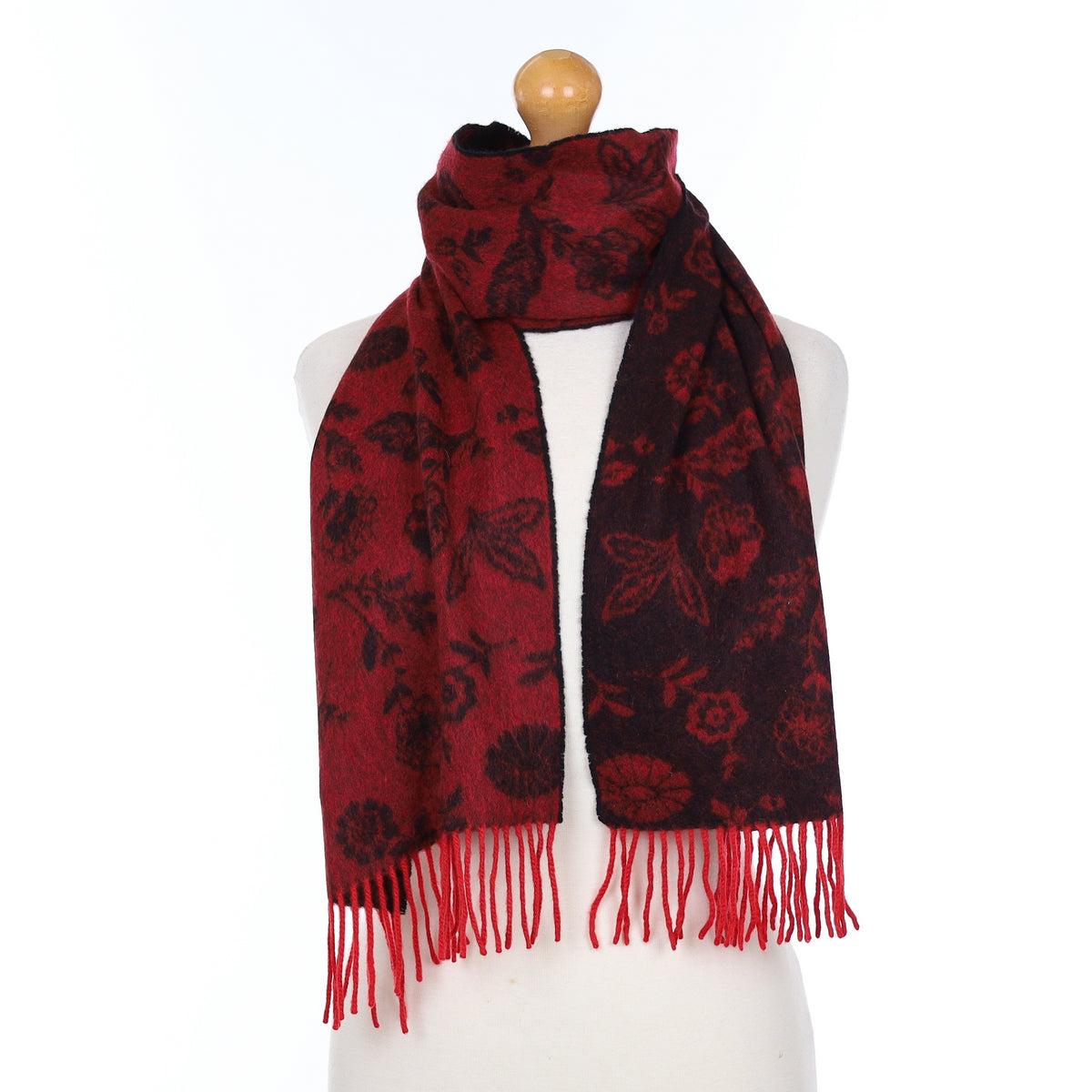 Red And Black Patterned Double Faced Cashmere Woven Scarf