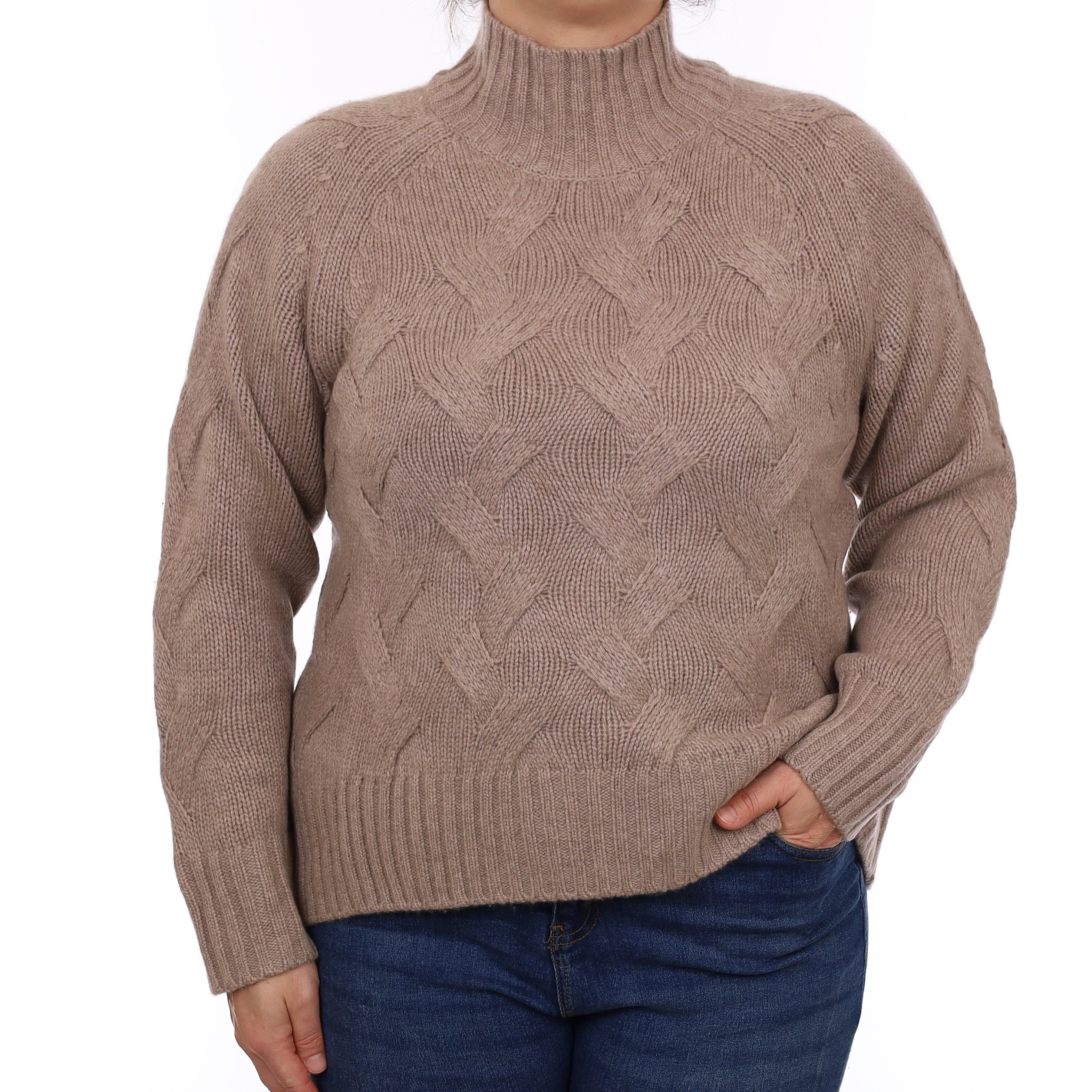 Mink Brown Chunky Knit Cashmere Turtle Neck Jumper Large