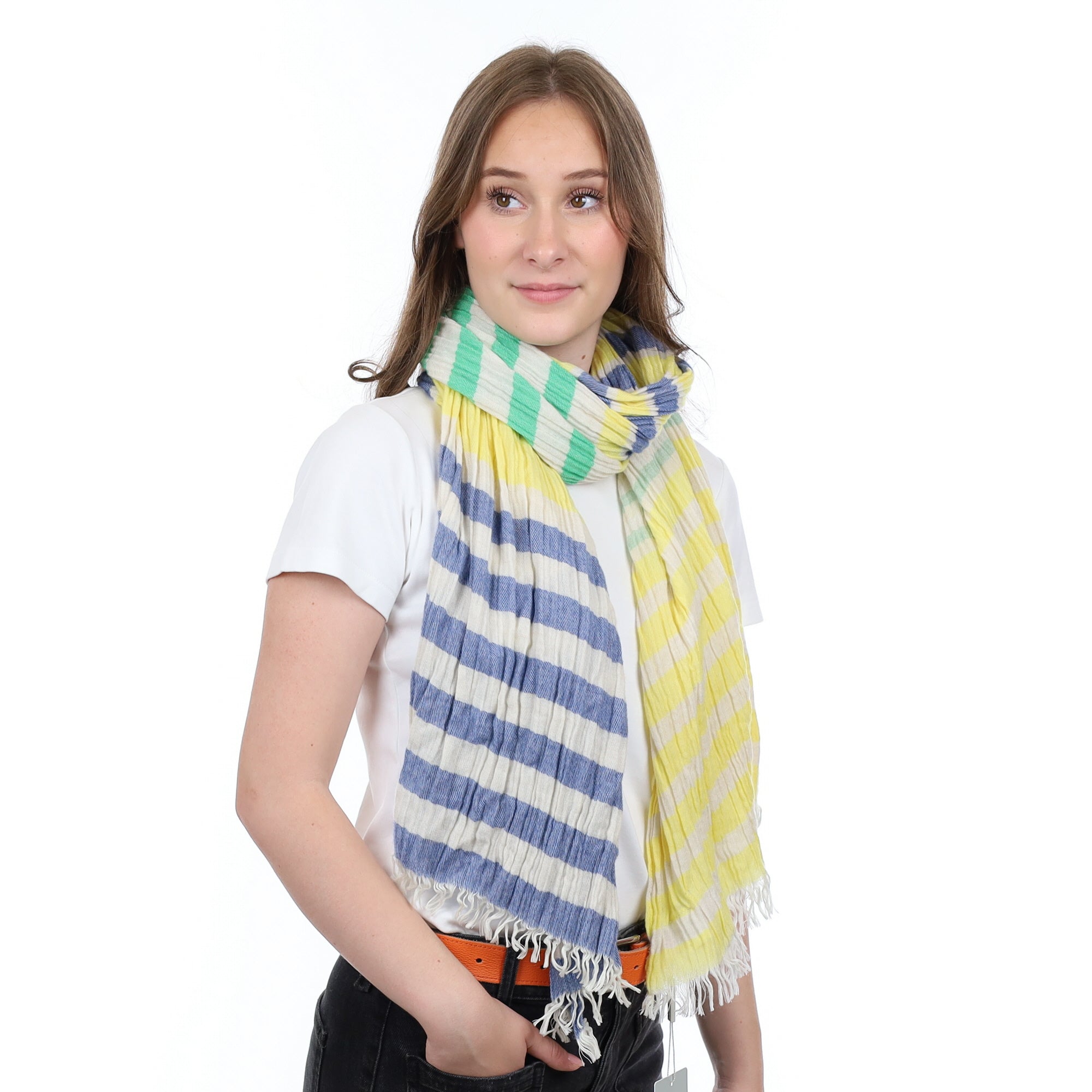 Brand New British Primrose Jade and Denim Luxury Woven Cashmere Crinkle Wrap