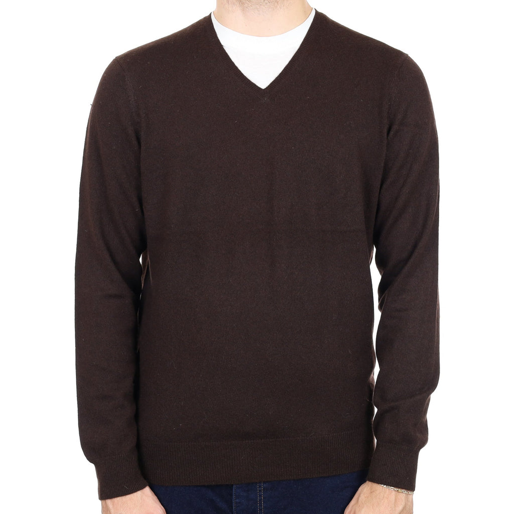 Men's Peppercorn Brown Cashmere V Neck Jumper Large