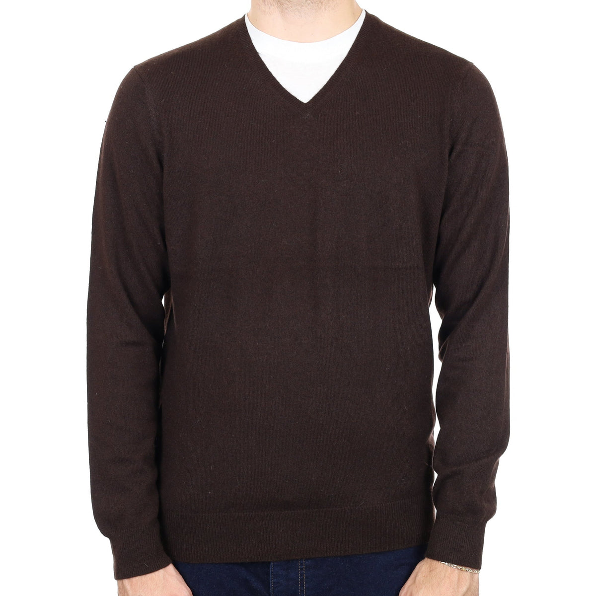 Men's Peppercorn Brown Cashmere V Neck Jumper Large