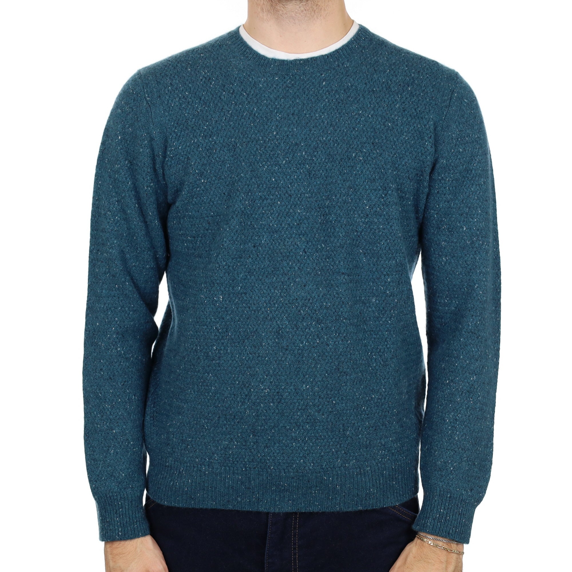 Men's Teal Blue Flecked Cashmere Crew Neck Jumper Large