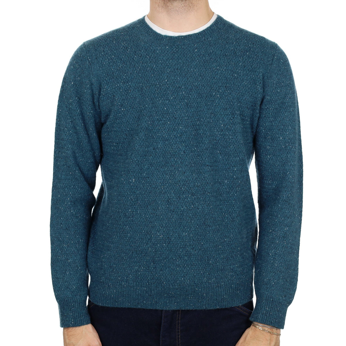 Men's Teal Blue Flecked Cashmere Crew Neck Jumper Large