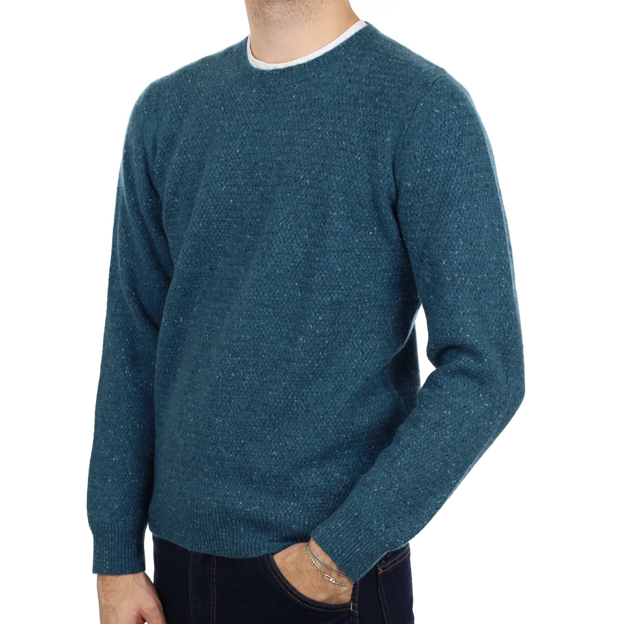 Men's Teal Blue Flecked Cashmere Crew Neck Jumper Large