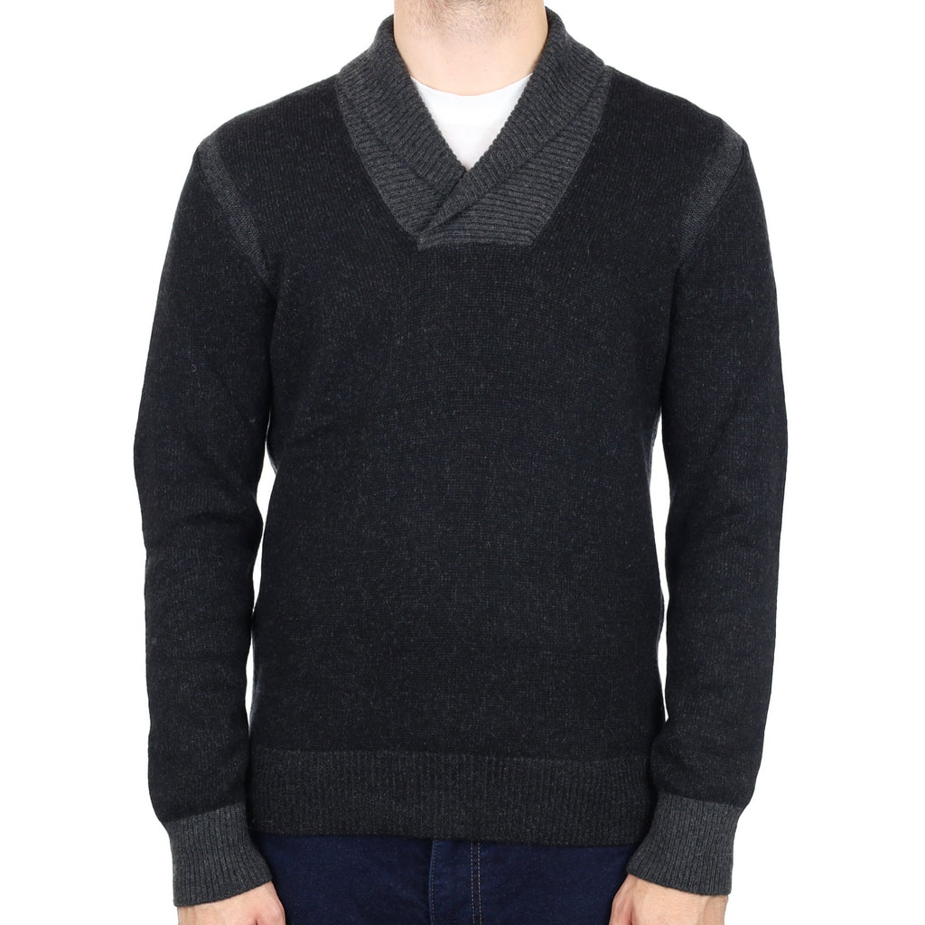 Men's Vince Black Marl Cashmere Shawl Collared V Neck Jumper Large