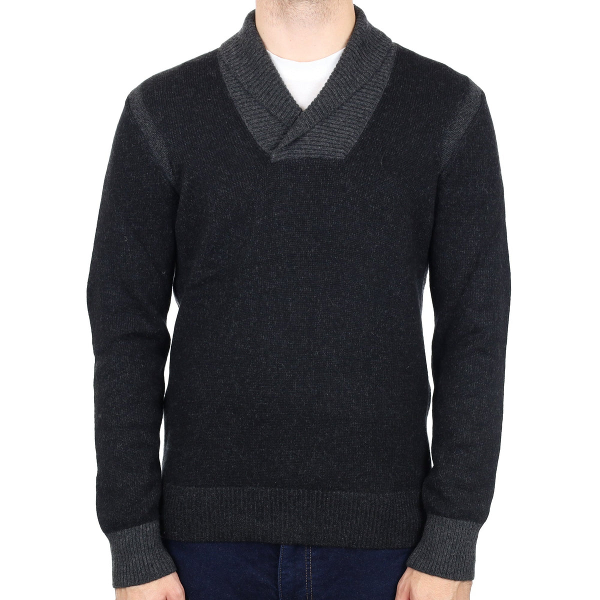 Men's Vince Black Marl Cashmere Shawl Collared V Neck Jumper Large