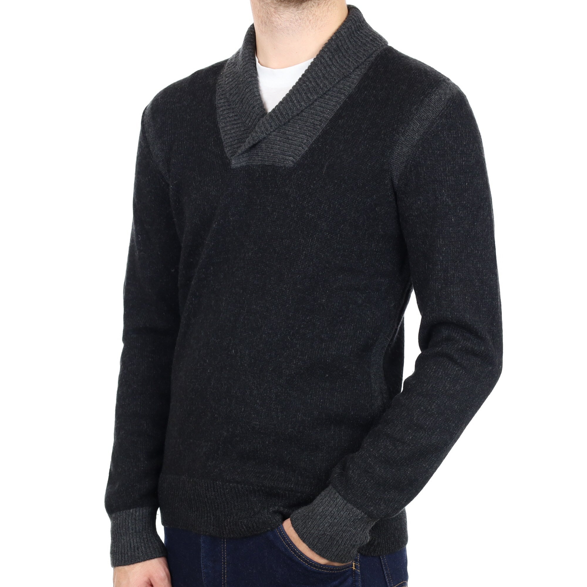 Men's Vince Black Marl Cashmere Shawl Collared V Neck Jumper Large
