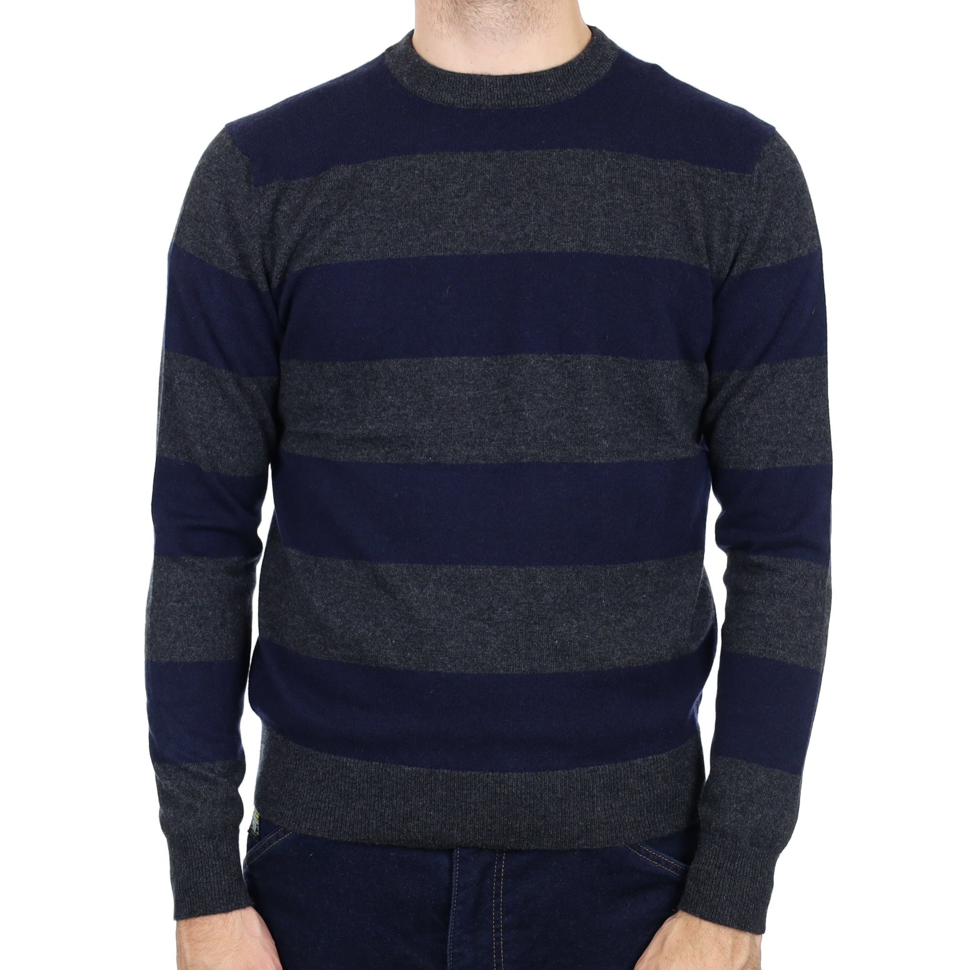 Men's Navy and Charcoal Striped Cashmere Crew Neck Jumper Large