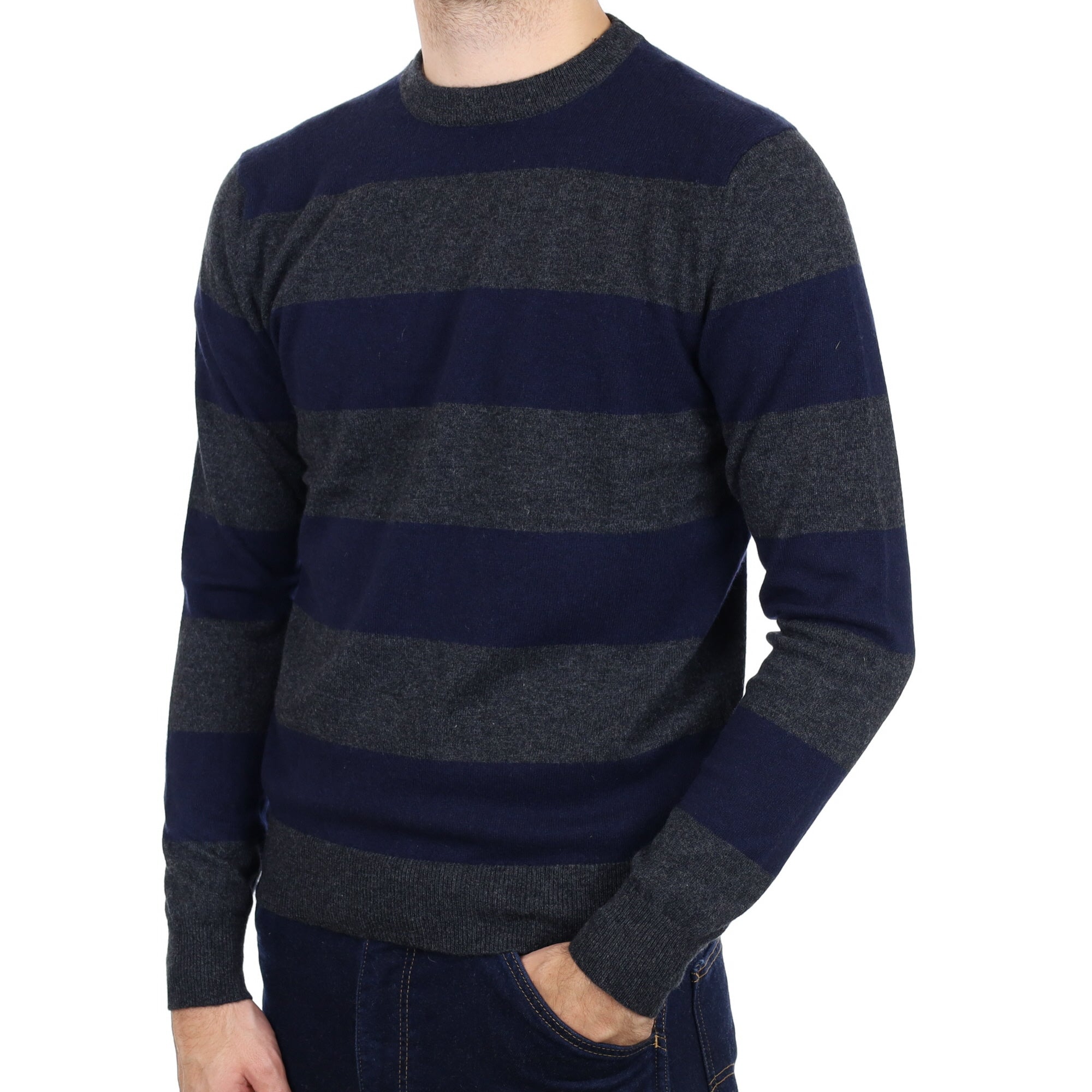 Men's Navy and Charcoal Striped Cashmere Crew Neck Jumper Large