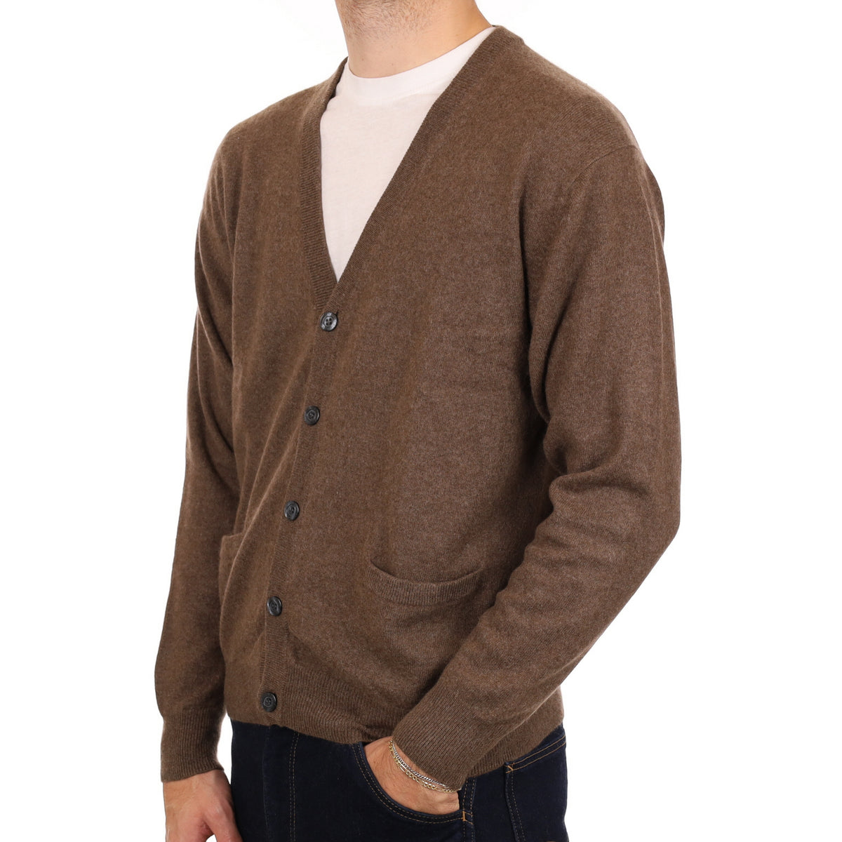 Men's Donkey Brown Cashmere V Neck Cardigan Large