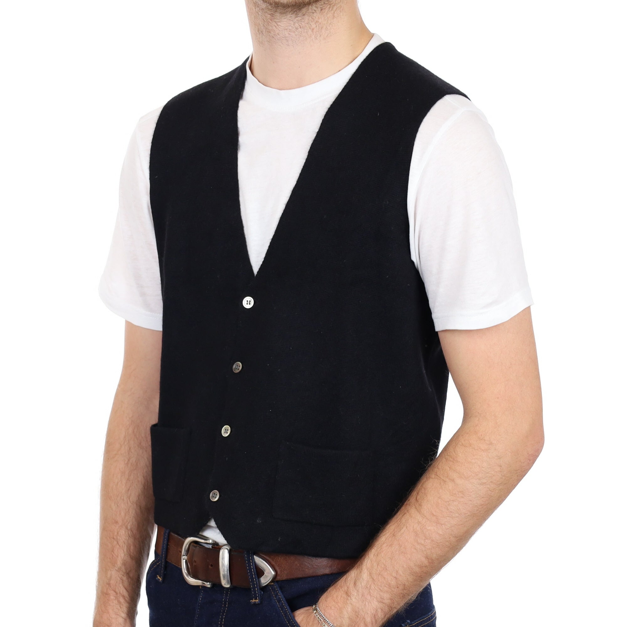 Men's Black Cashmere V Neck Waistcoat Medium