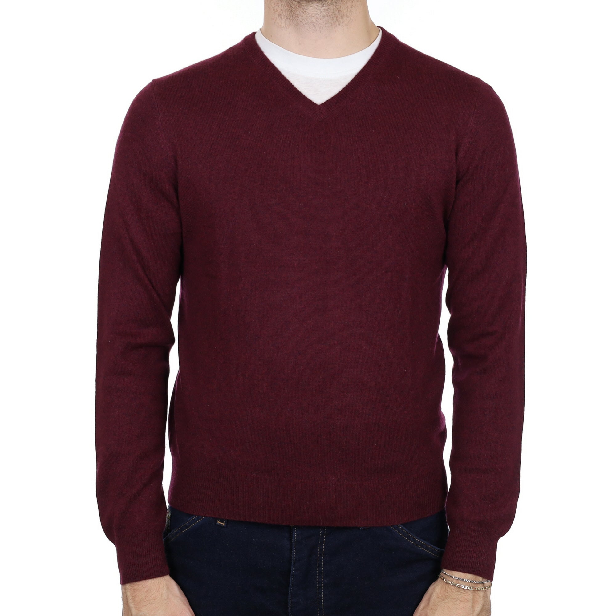 Men's Mulberry Purple Cashmere V Neck Jumper Medium