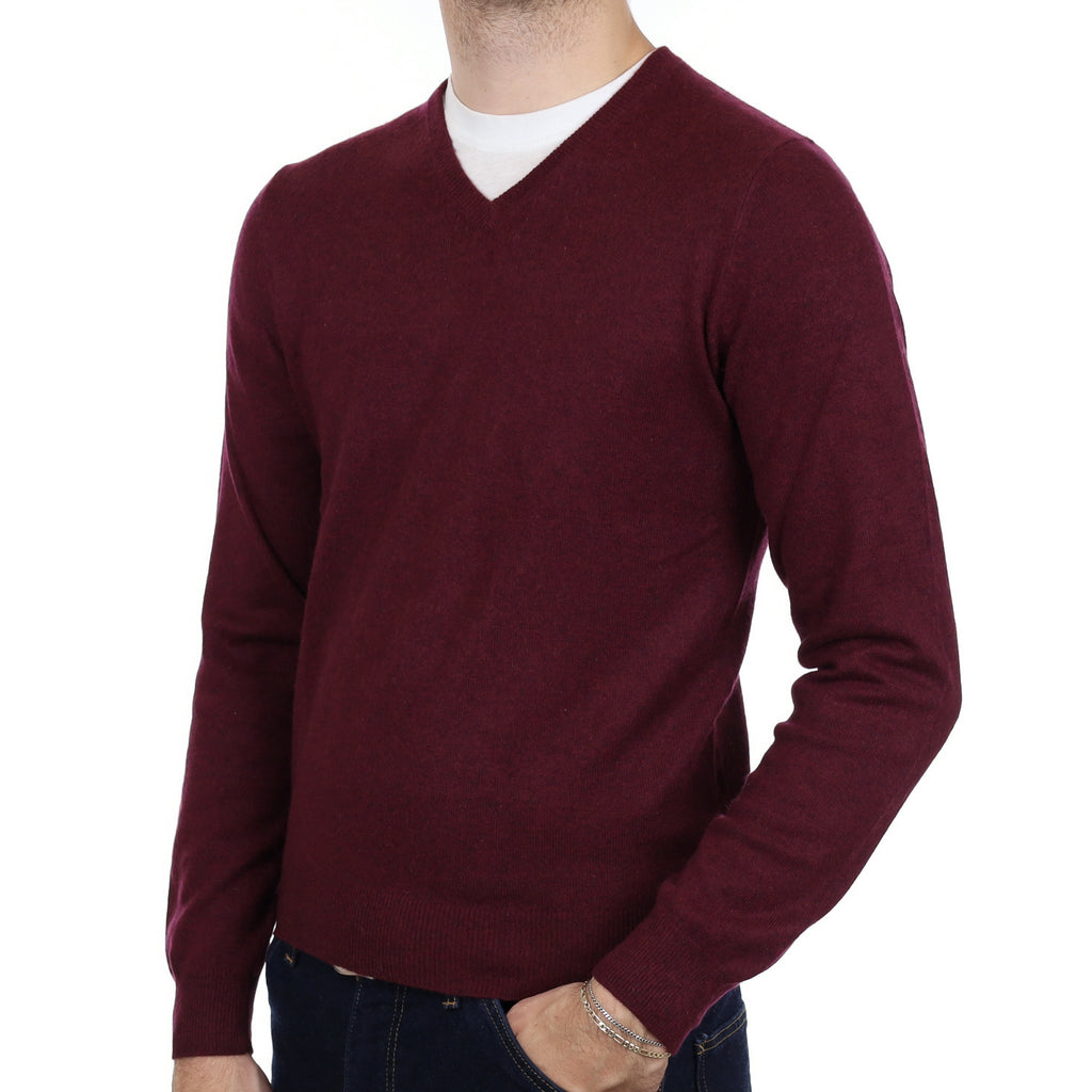 Men's Mulberry Purple Cashmere V Neck Jumper Medium