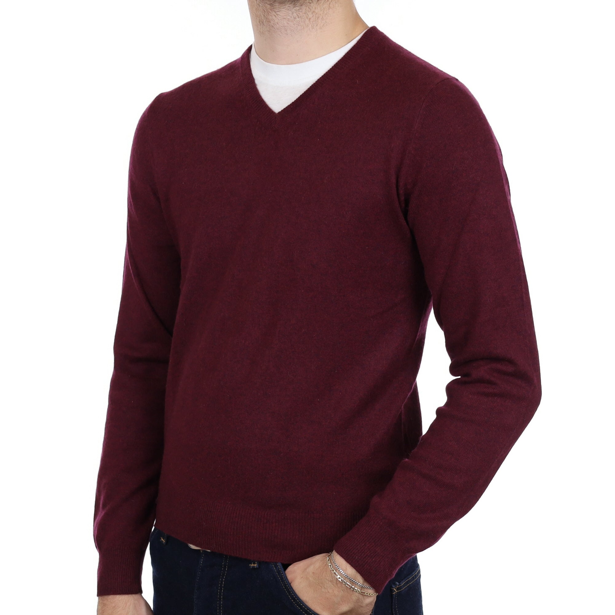 Men's Mulberry Purple Cashmere V Neck Jumper Medium