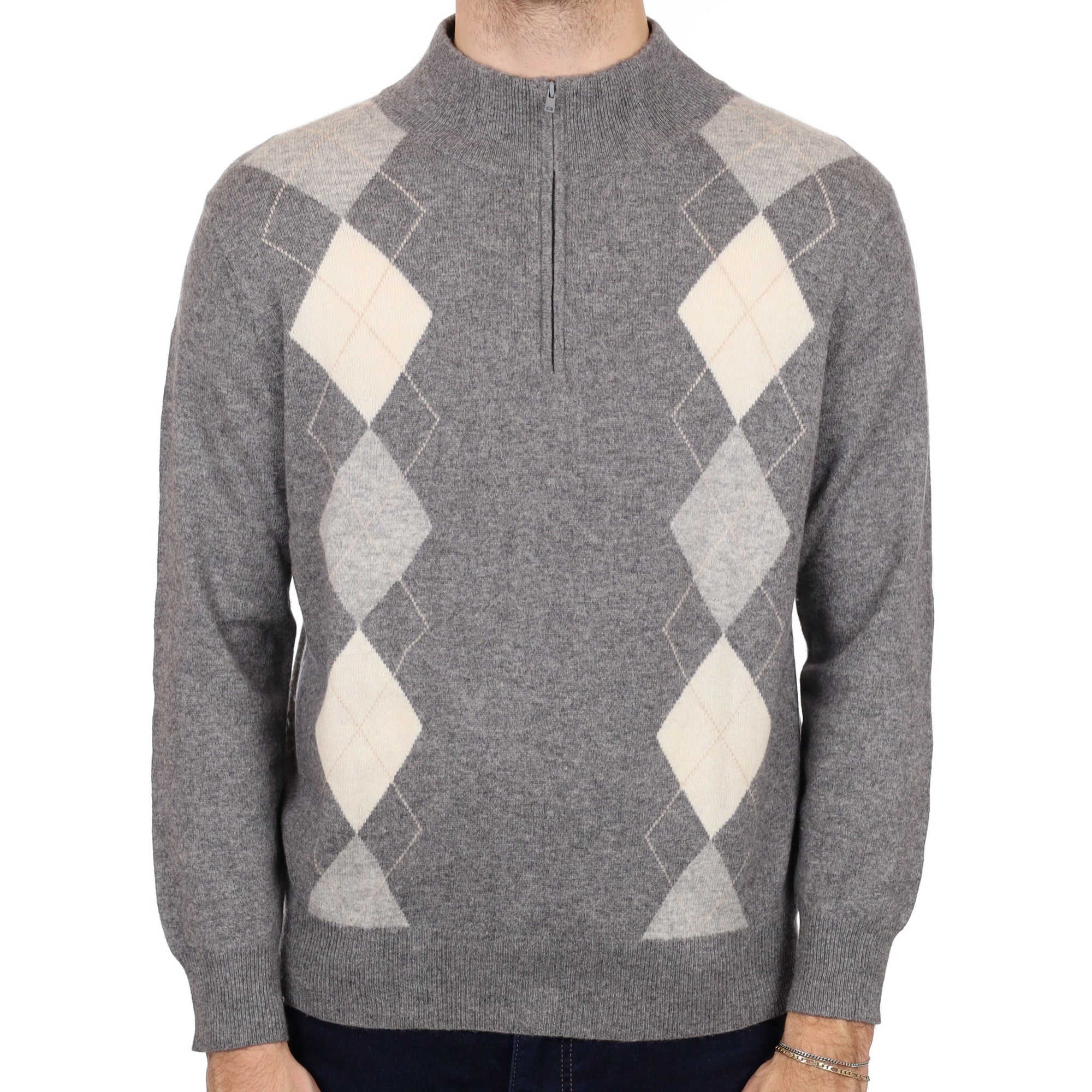 Men's Smoke Grey Argyle Cashmere 1/4 Zip Neck Jumper Medium