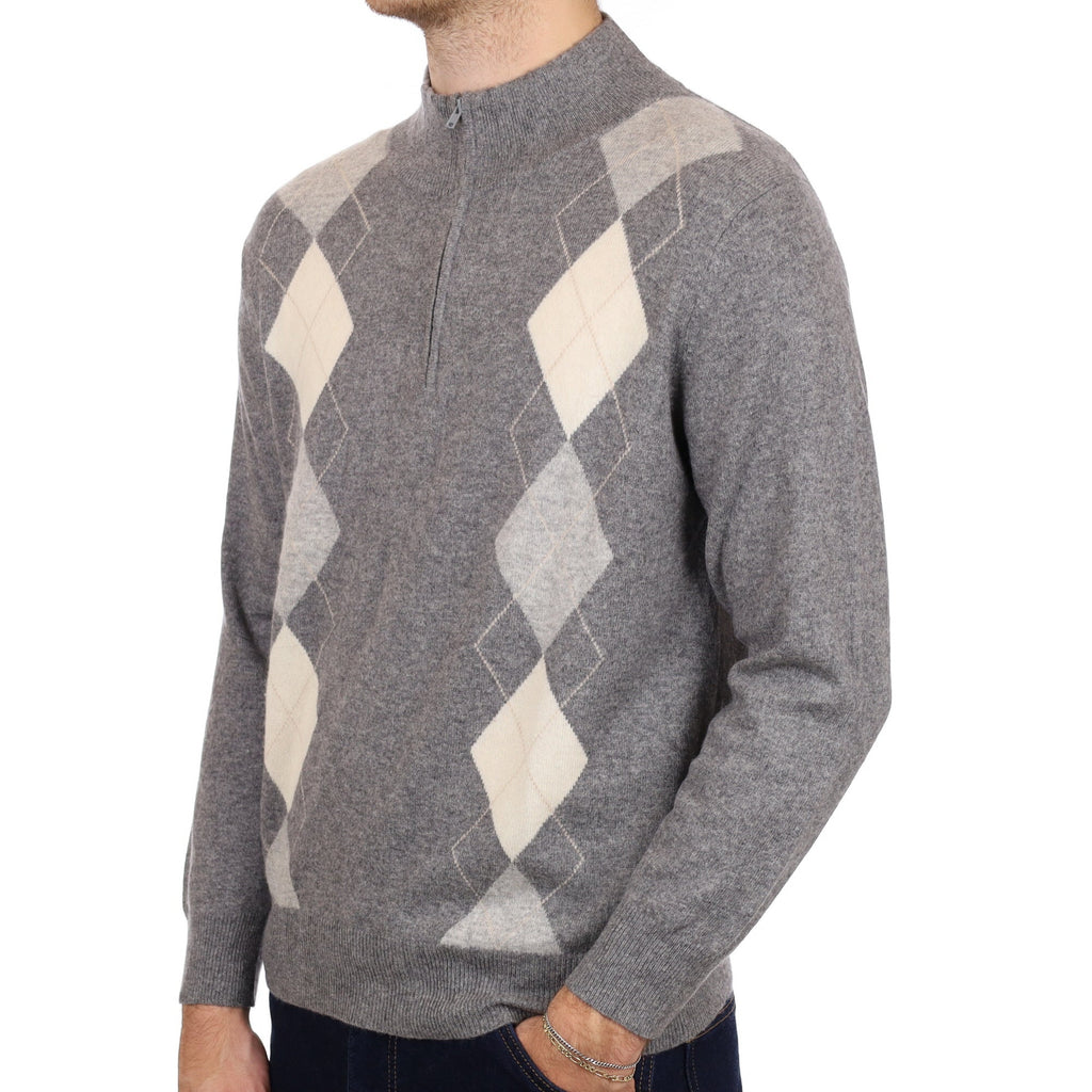 Men's Smoke Grey Argyle Cashmere 1/4 Zip Neck Jumper Medium