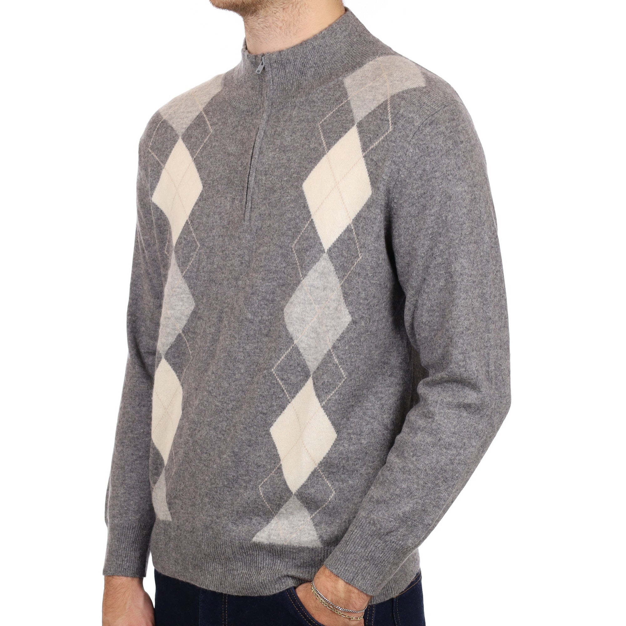Men's Smoke Grey Argyle Cashmere 1/4 Zip Neck Jumper Medium