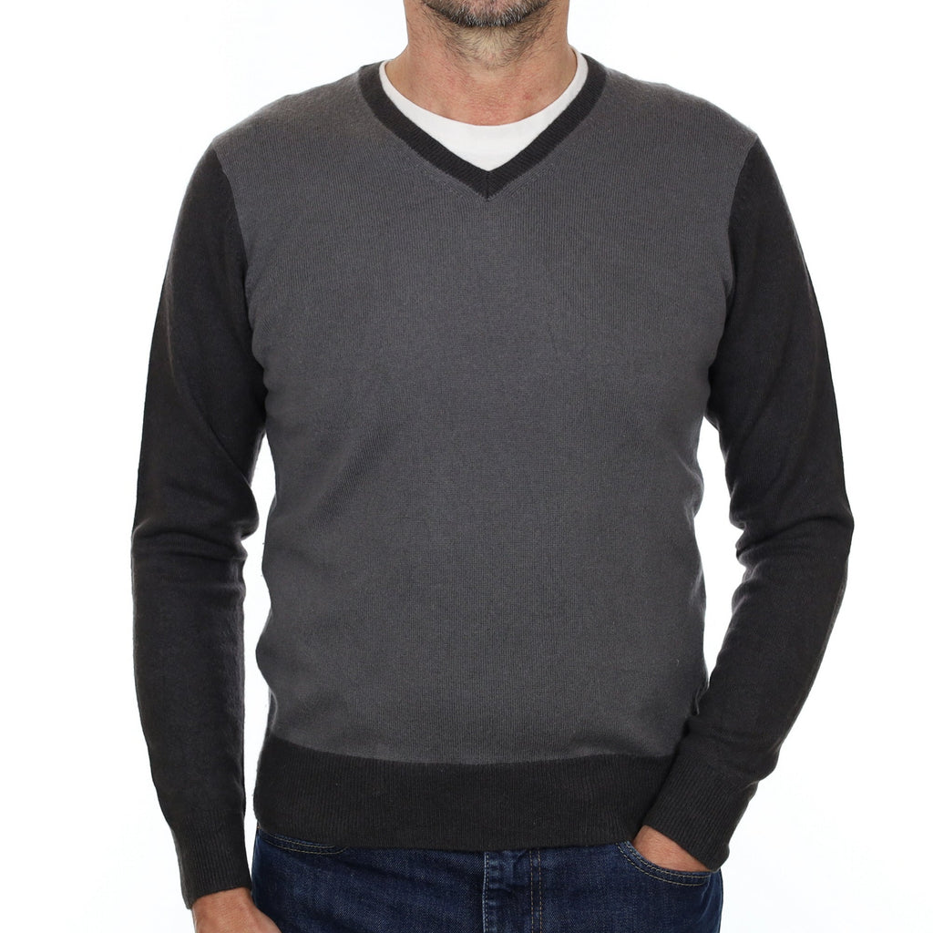 Men's Grey Colour Block Cashmere V Neck Jumper Small