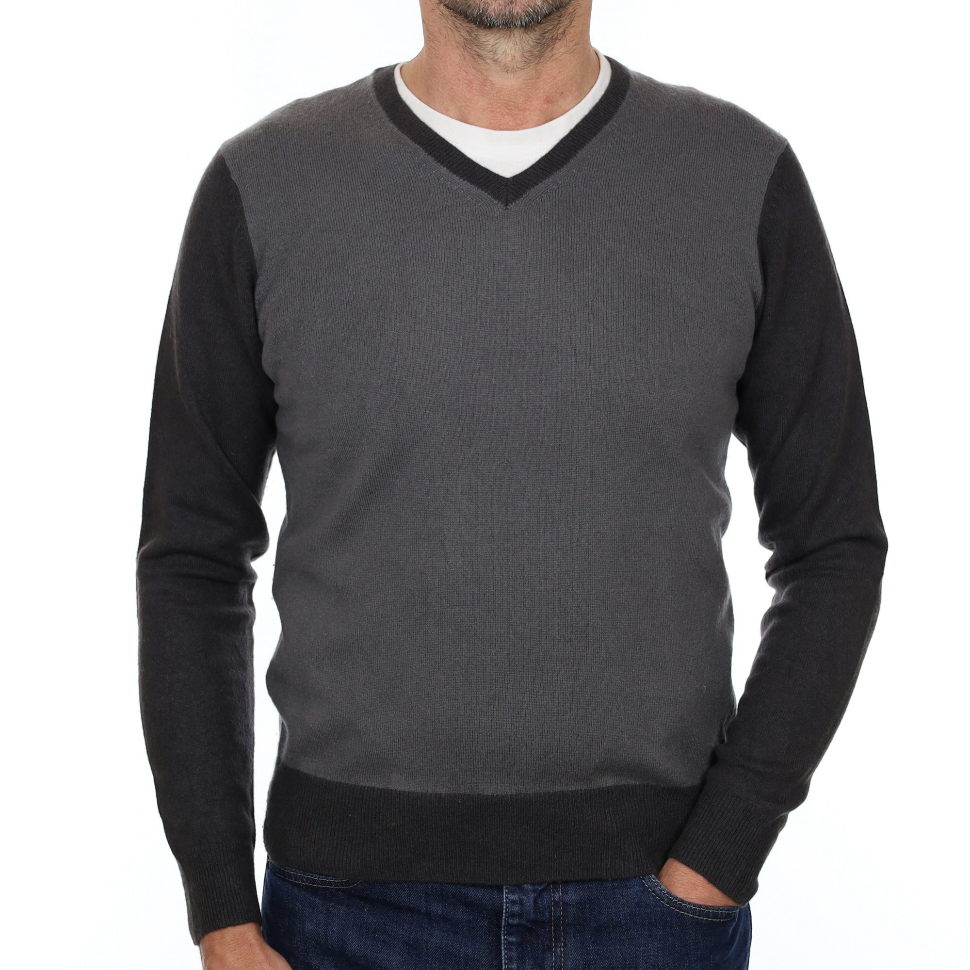 Men's Grey Colour Block Cashmere V Neck Jumper Small